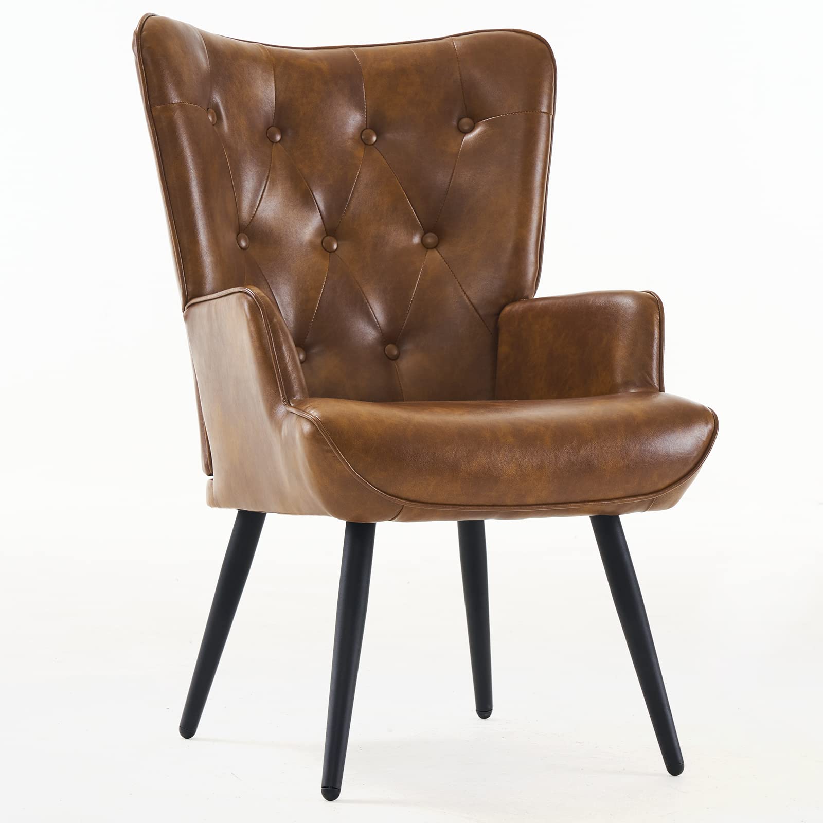 Furnimart Mid Century Modern Faux Leather Accent Chair - Comfy PU Armchair for Living Room, Office, Study, Bedroom & Waiting Room - Yellow Brown Wingback Leisure Chair | Perfect for Home Decor, Guest Seating & Vanity Areas