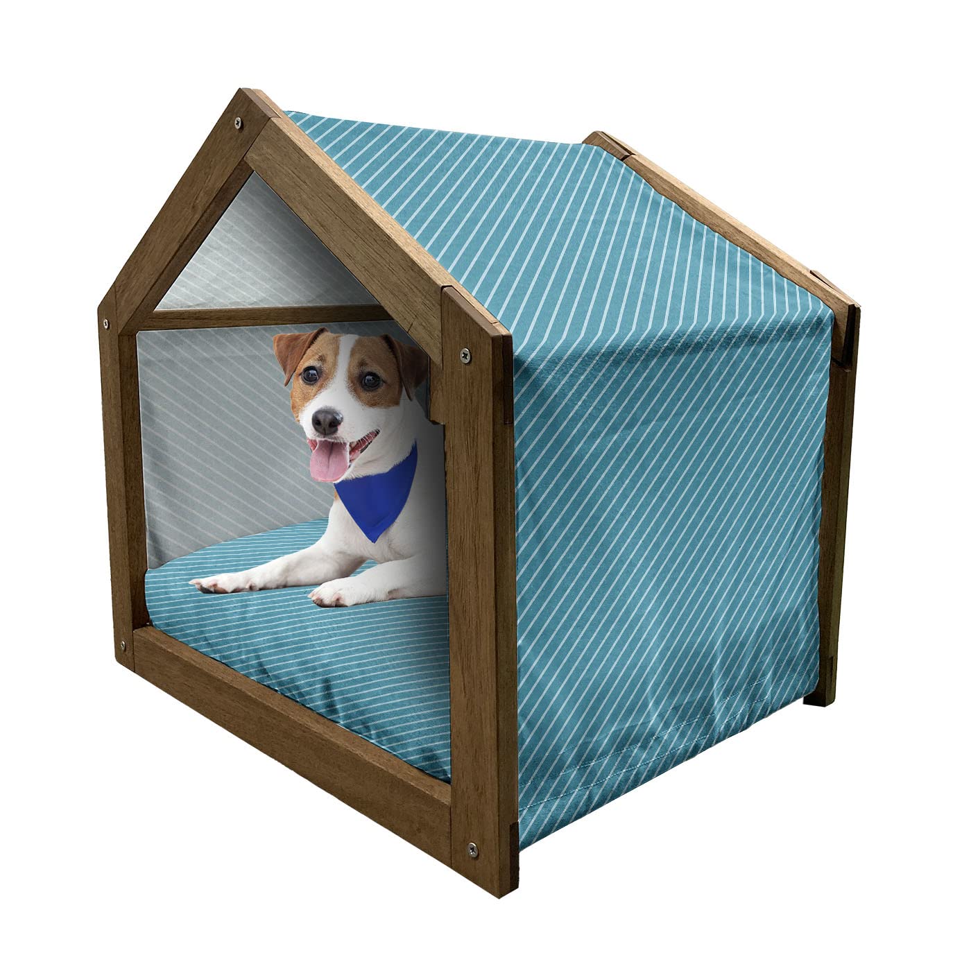 Ambesonne Geometric Wooden Pet House - Diagonal Striped Dog Kennel with Pillow & Cover - Indoor & Outdoor Portable Dog Bed for Small Dogs - Pale Blue Teal - Perfect for Home, Garden, Travel & Camping Adventures