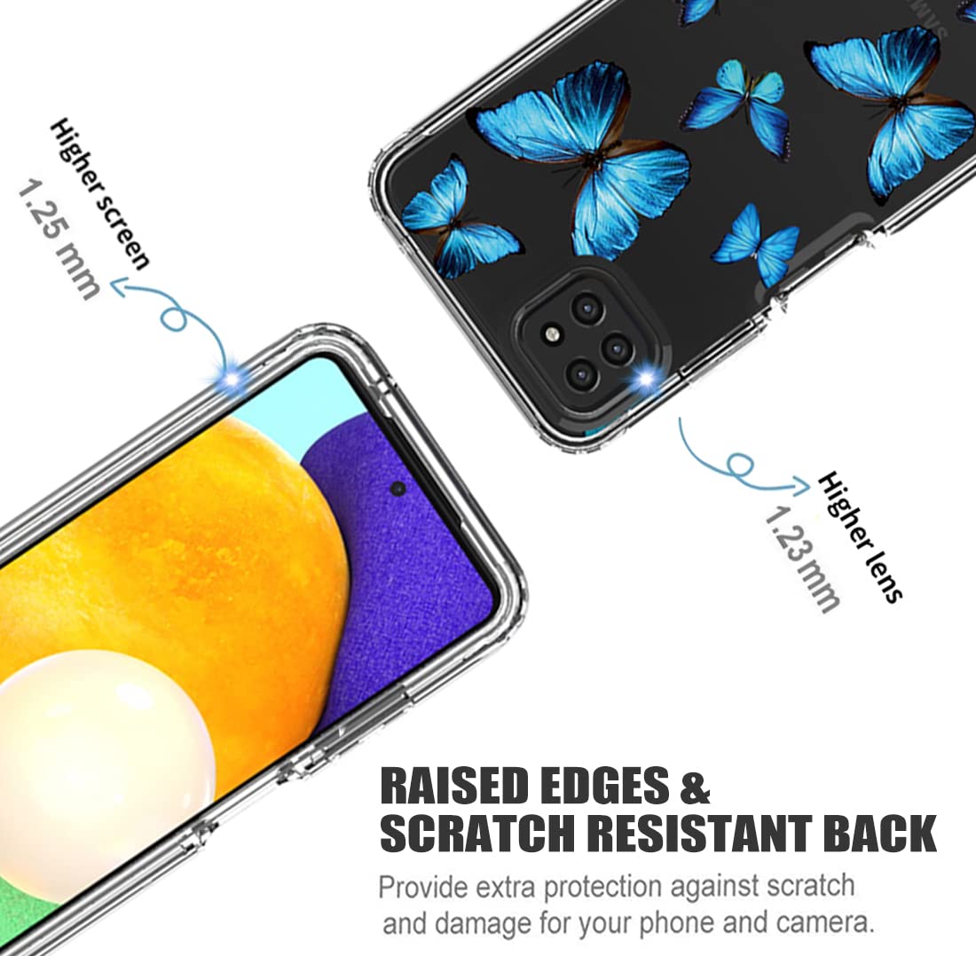 Samsung Galaxy A22 5G Case with Tempered Glass Screen Protector - Clear Butterfly Pattern Full Body Protective Cover for SM-A226B/A22S 5G (Blue Butterfly) | Perfect for Everyday Use, Travel & Outdoor Activities