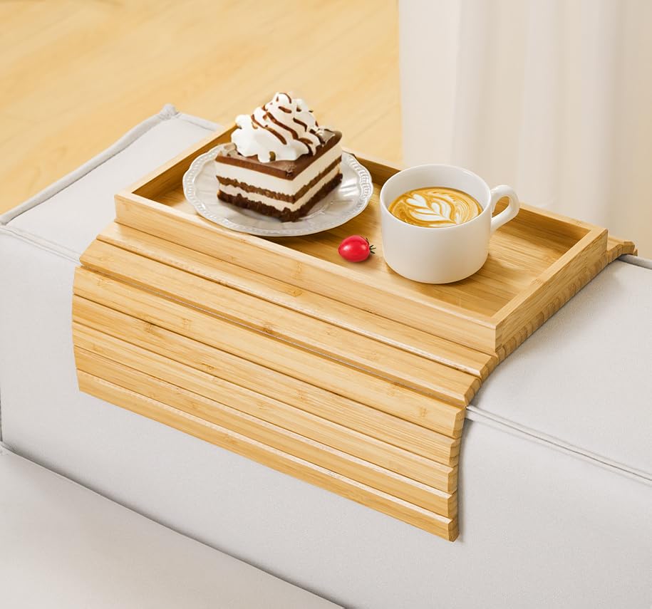 Foldable Bamboo Sofa Arm Tray - Anti-Slip Couch Cup Holder & Organizer for Snacks, Phone, Remote & Drinks | Perfect for Living Room, Bed & Home Theater Relaxation
