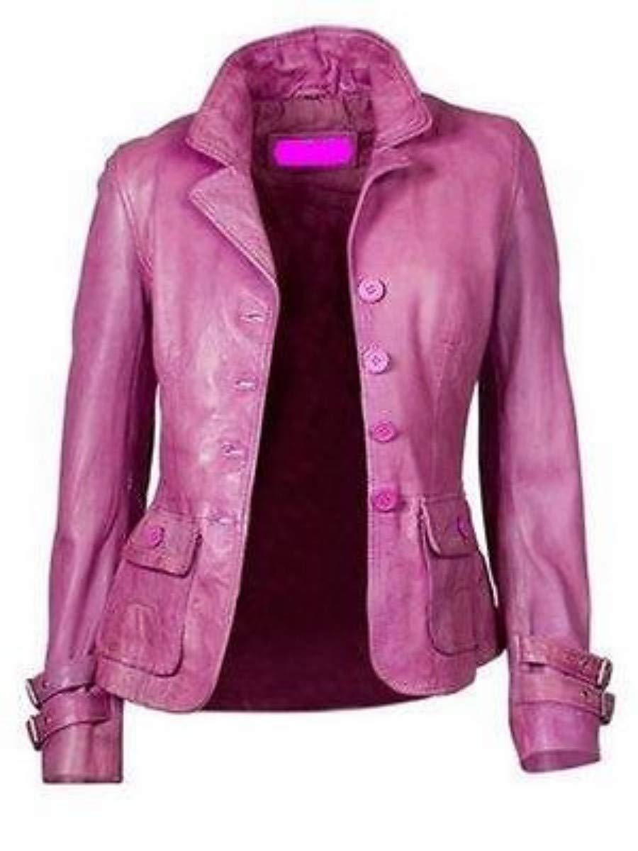 Genuine Lambskin Leather Blazer for Women - Slim Fit Four Button Jacket Coat in Hot Pink | Office Wear, Business Attire, Evening Outfits & Special Occasions