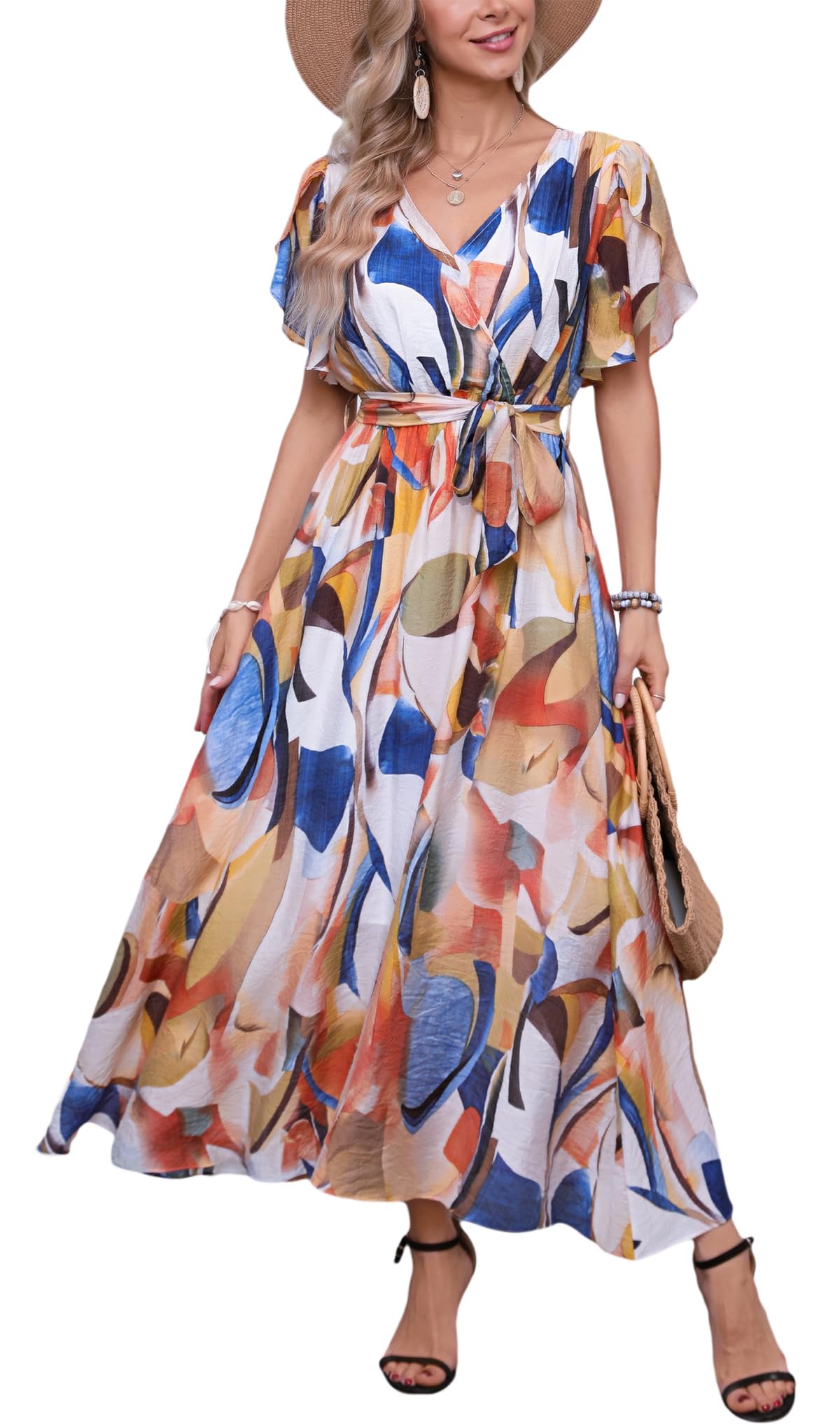 Kormei Women's Floral Wrap V-Neck A-Line Maxi Dress with Belt - Boho Chic Short Sleeve Wedding Guest & Party Dress for Casual Summer Occasions