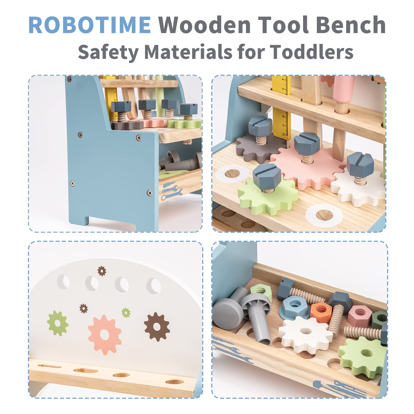 ROBOTIME Wooden Tool Bench Set for Kids - Construction Pretend Play Toys with Wooden Tools, Educational Building Toy Gift for Toddlers Ages 18 Months to 5 Years - Perfect for Role Play, Early Learning & Motor Skill Development