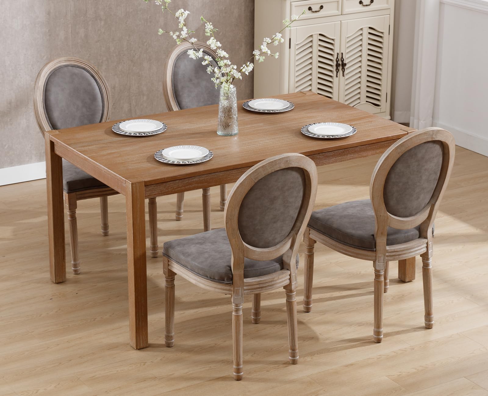 Farmhouse Leather Dining Chairs Set of 4 - French Country Round Back Side Chairs for Kitchen, Restaurant, Dining Room & Living Room - Grey Upholstered Seating (Perfect for Rustic Home Decor & Entertaining Guests)