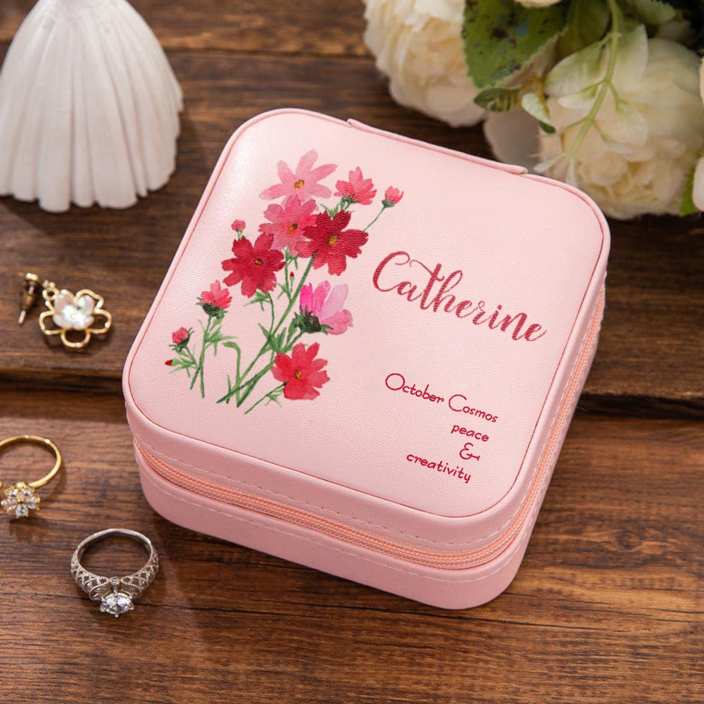 Personalized Leather Jewelry Box for Women - Engraved Name & Birth Flower Travel Jewelry Organizer, Bridesmaid Gift, Mom Birthday Gift - Elegant White Jewelry Storage Case (Perfect for Travel, Bridal Shower, Mother's Day & Special Occasions)