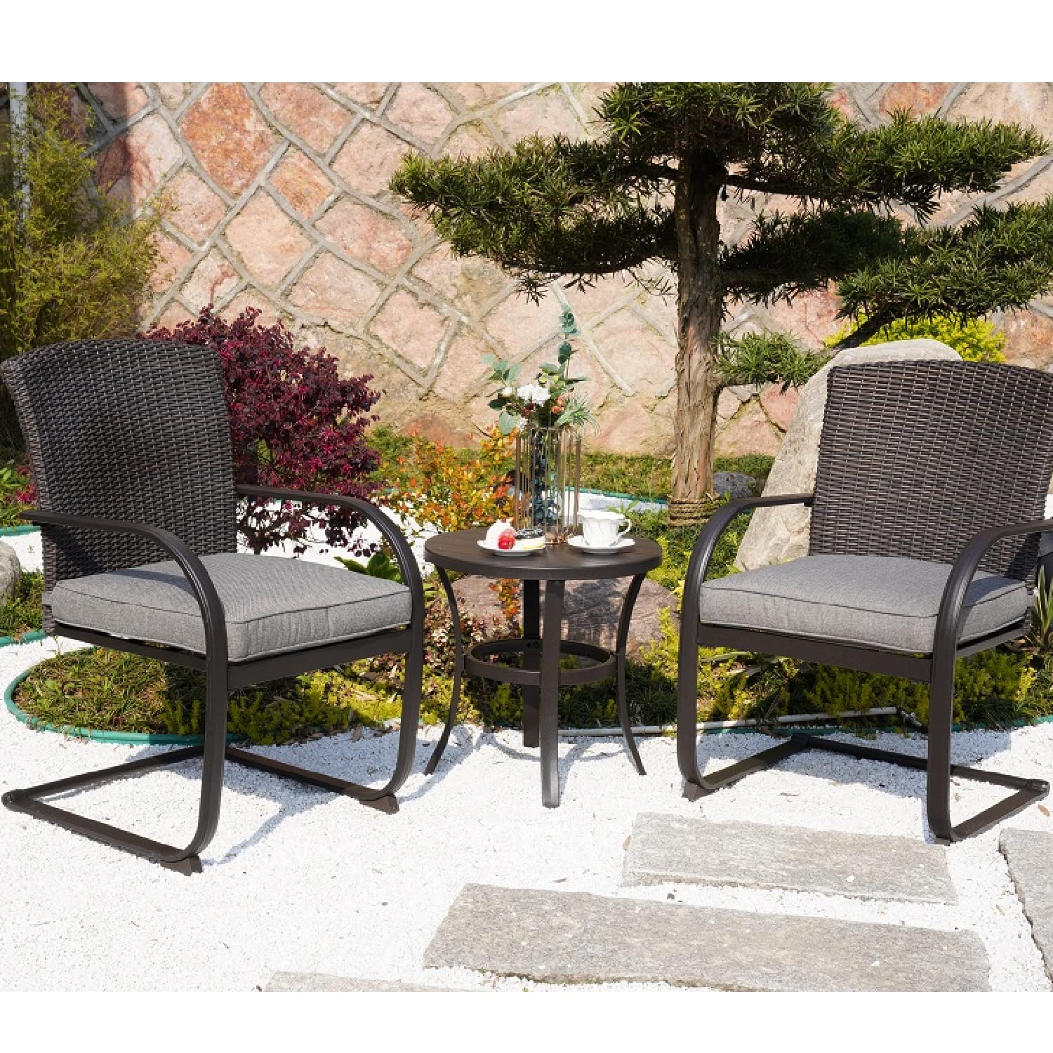 2-Piece Outdoor Wicker Dining Chairs Set with Cushions - Patio Furniture for Garden, Poolside, Backyard & Lawn - Spring Grey Wicker Chairs for Relaxing & Entertaining Outdoors