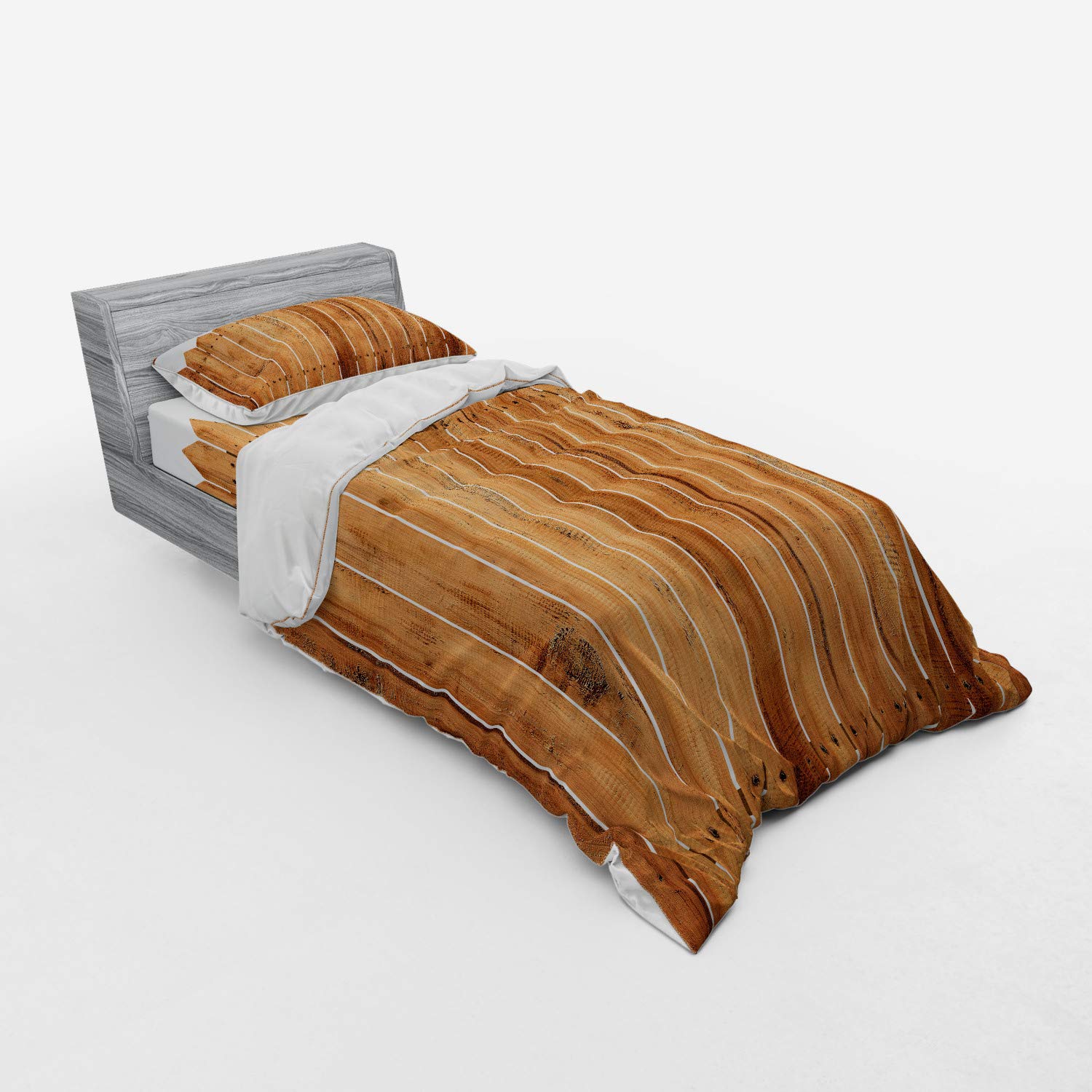 Ambesonne Farmland Duvet Cover Set - Triangle Edged Timber Border Stripes Design, 3-Piece Bedding Set with Pillow Sham & Fitted Sheet, Twin Size, White & Brown - Perfect for Farmhouse, Rustic & Country Style Bedrooms