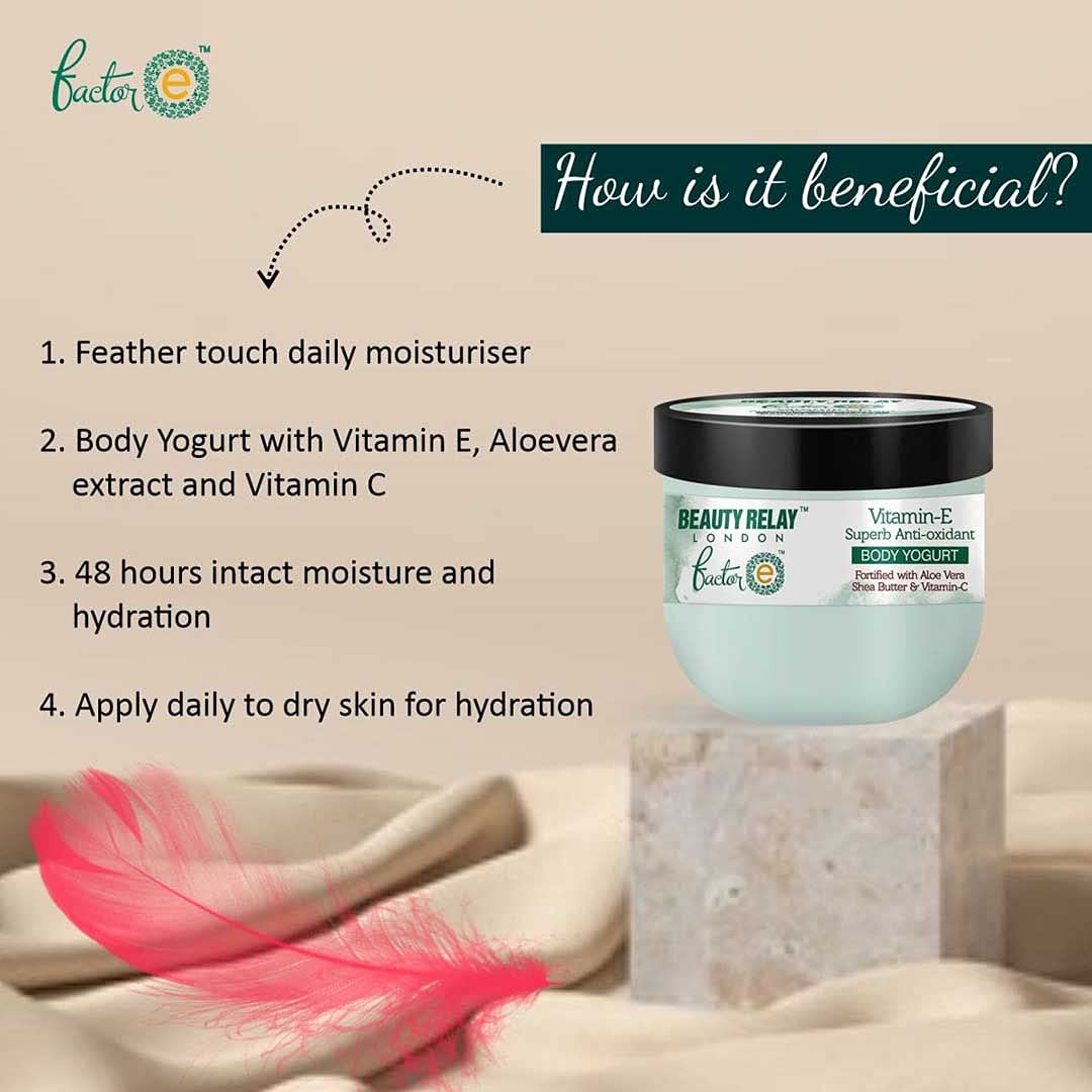 BEAUTYRELAY LONDON Vitamin E Body Yogurt - Deep Moisturizing & Nourishing Cream for All Skin Types - Brightens & Evens Skin Tone - 200g - Perfect for Daily Hydration & Glowing Skin Care Routine