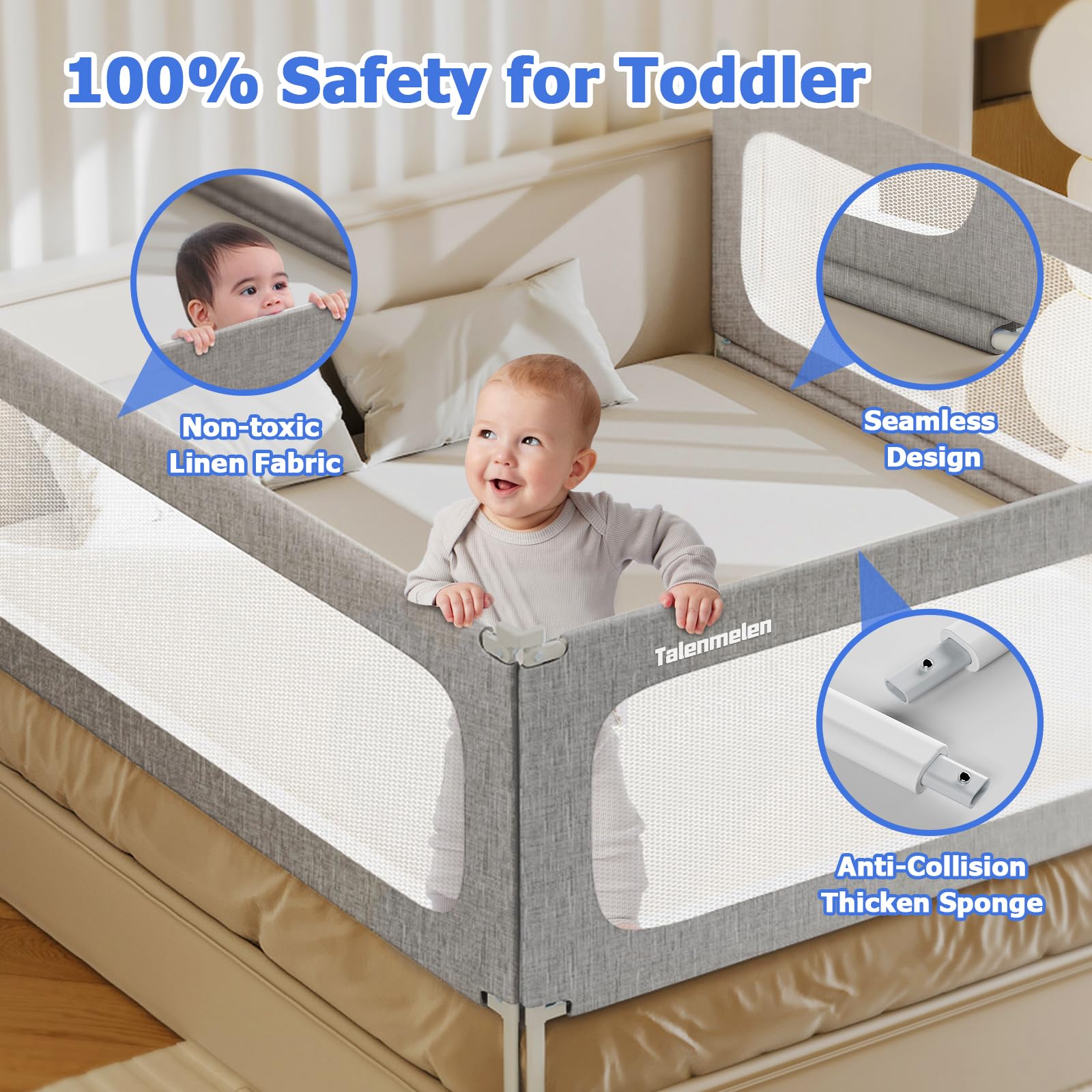 3-Pack U-Shaped Toddler Bed Rails with Child Lock - Adjustable Height Safety Bed Guard for King Size Beds (78.7×78.7x74.8