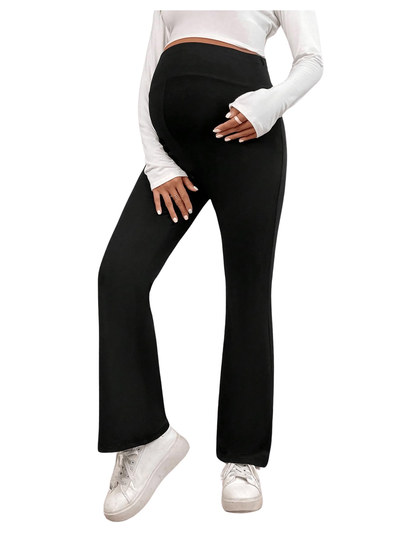OYOANGLE Women's Maternity Pants - Stretchy Over Belly Flared Bootcut Trousers for Work & Casual Wear | Comfortable Pregnancy Pants for Office, Shopping & Everyday Use