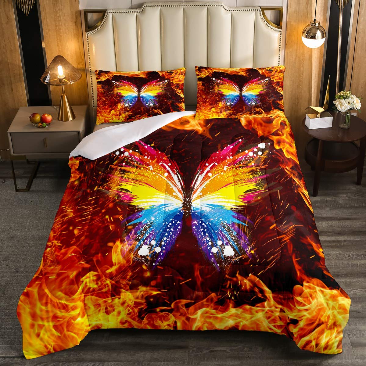 Erosebridal Rainbow Wing Butterfly Comforter Set Full Size - Gold Flame Abstract Duvet Cover for Kids, Teens & Adults - Watercolor Butterfly Quilted Bedding for Girls Room Decor - Perfect for Bedrooms, Dorms & Guest Rooms