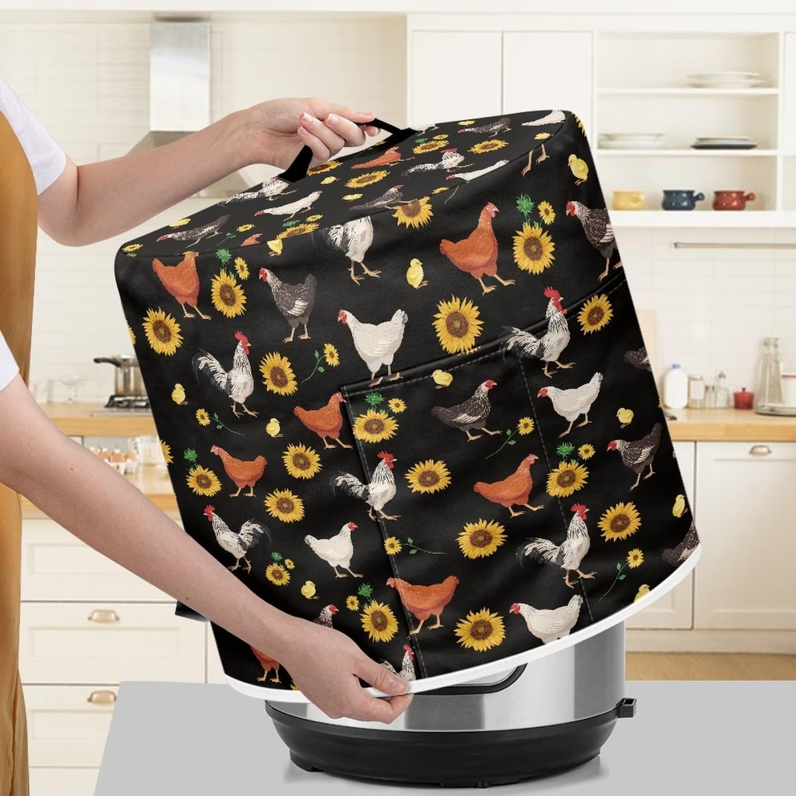 8 Qt Insulated Pressure Cooker Cover - Universal Fit for Rice Cooker, Air Fryer & Slow Cooker - Dust Protection with Convenient Pocket for Utensils & Recipes (Chicken Sunflower Black) - Perfect for Kitchen Storage & Appliance Protection