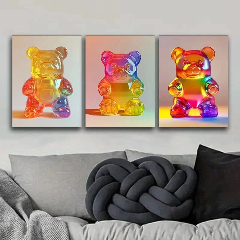 3-Piece Gummy Bear Art Deco Metal Wall Art - Ready to Hang Canvas Prints for Living Room, Bedroom & Office Decor