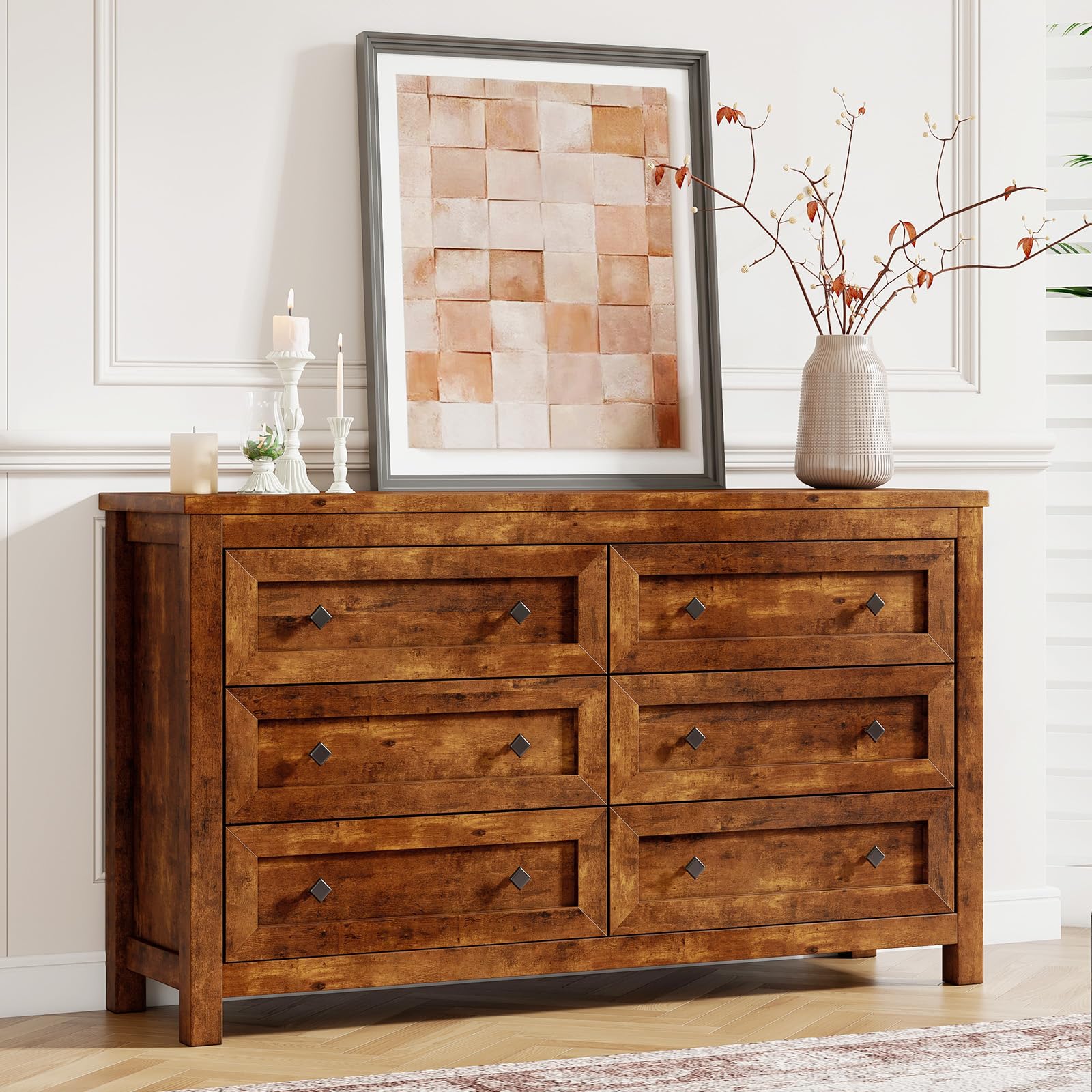 Rustic Brown 3-Piece Bedroom Dresser and Nightstand Set - Farmhouse Style 6-Drawer Storage Dresser & 2 Nightstands with Charging Station | Perfect for Master Bedroom, Guest Room & Apartment Furniture