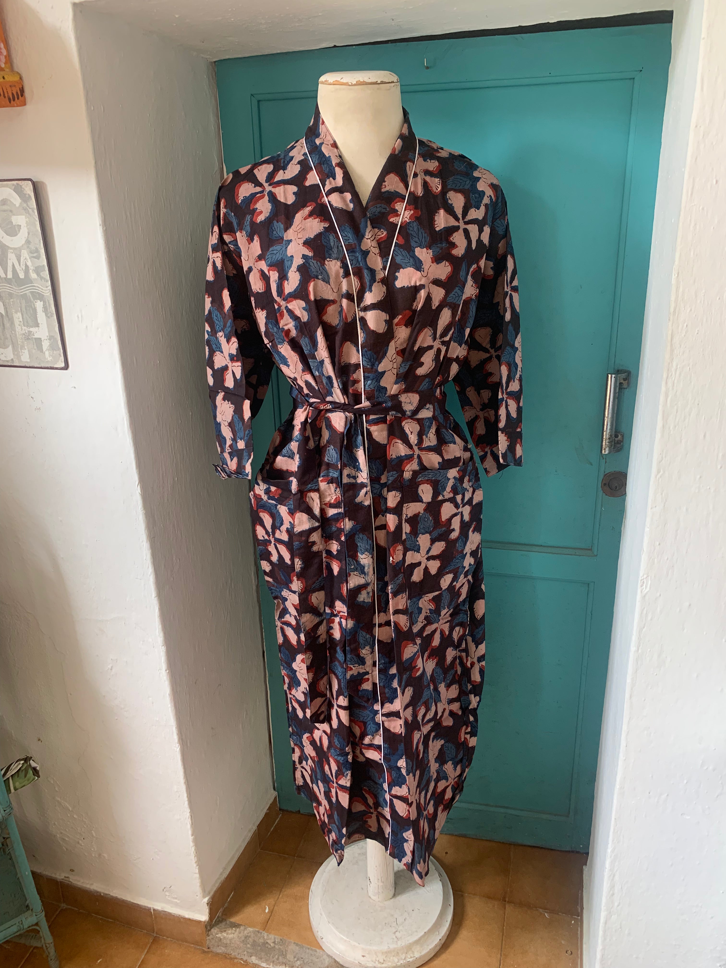 Japanese Kimono Robe - Happy Block Print Cotton - Perfect for Loungewear, Yoga & Spa Relaxation