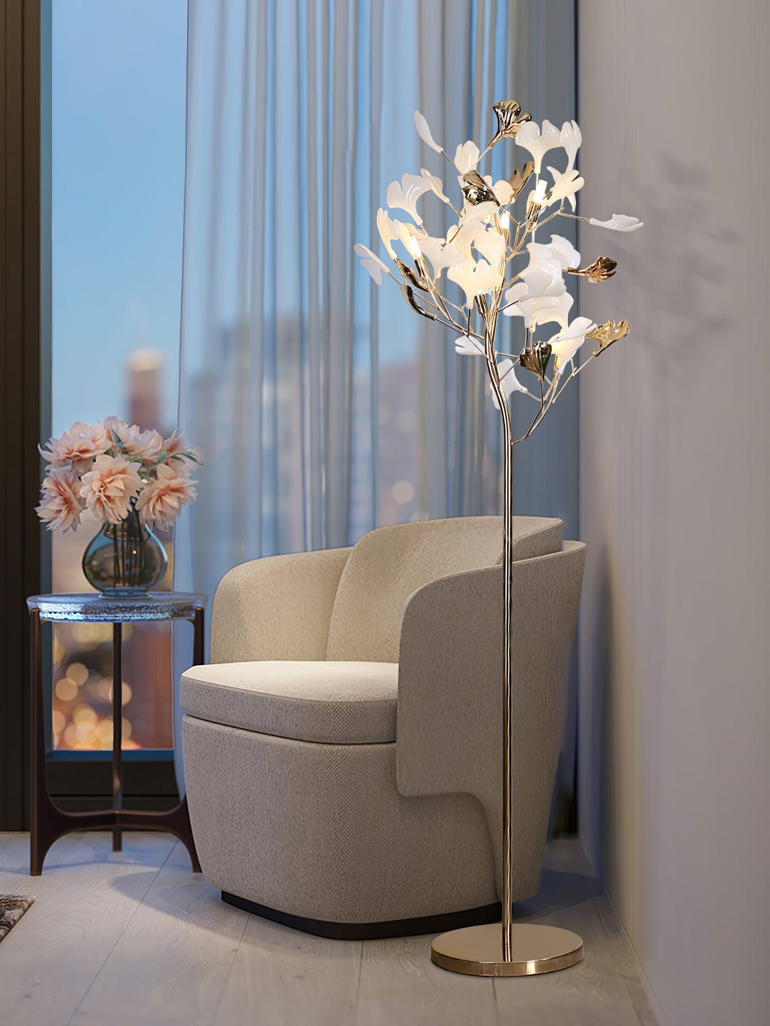 Gingko Leaf Floor Lamp - Modern LED Standing Light with Natural Leaf Design for Living Room, Bedroom & Office Decor