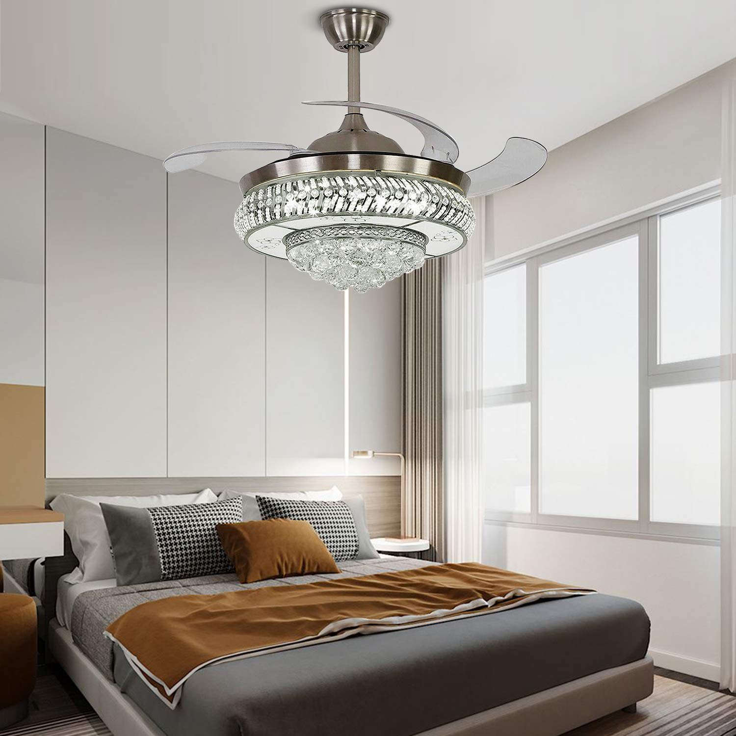 Modern Retractable Crystal Ceiling Fan with Light & Remote Control - 42 Inch Smart Ceiling Fan with Dimmable LED & 3 Speed Settings - Chrome Silver for Living Room, Bedroom, Dining Room & Office Spaces
