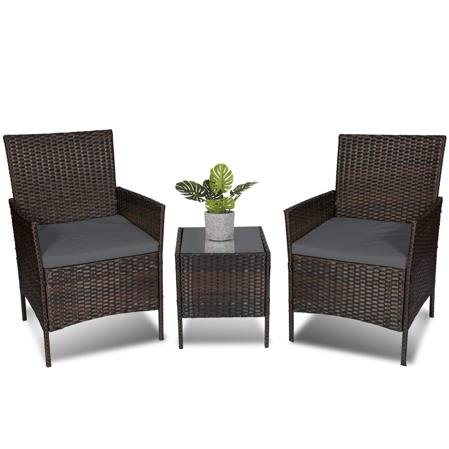 3-Piece Modern Outdoor Patio Furniture Set - Wicker Bistro Table & Chairs for Garden, Porch, Backyard (Brown/Grey) - Perfect for Relaxing, Dining & Entertaining Guests