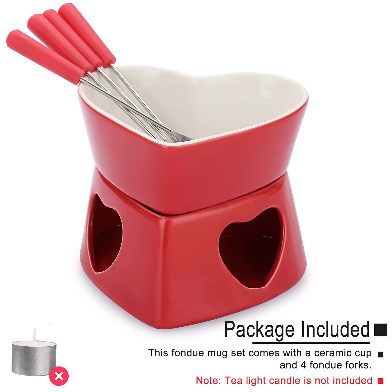 Red Ceramic Butter Warmer Set - Heart Shaped Fondue Pot for Melting Cheese, Chocolate, Butter & Caramel - Includes 4 Forks - Perfect for Romantic Dinners, Parties & Family Gatherings