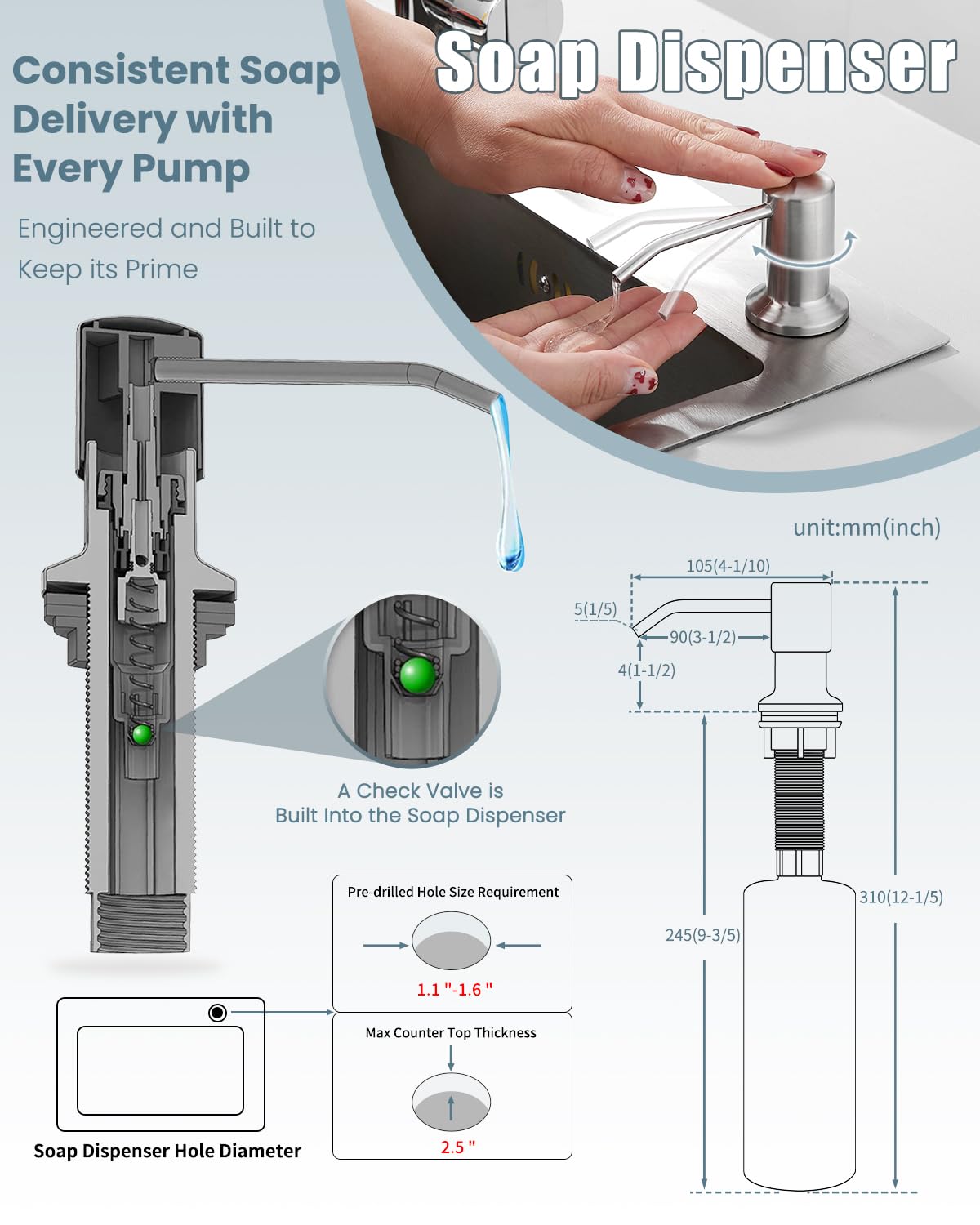 Brushed Nickel Kitchen Faucet with Pull Down Sprayer & Soap Dispenser - Single Handle Farmhouse Sink Faucet for RV, Camper, Tiny Home | Dual Function Spray Head with Deck Plate | Perfect for Small Kitchens, Mobile Homes & Outdoor Use