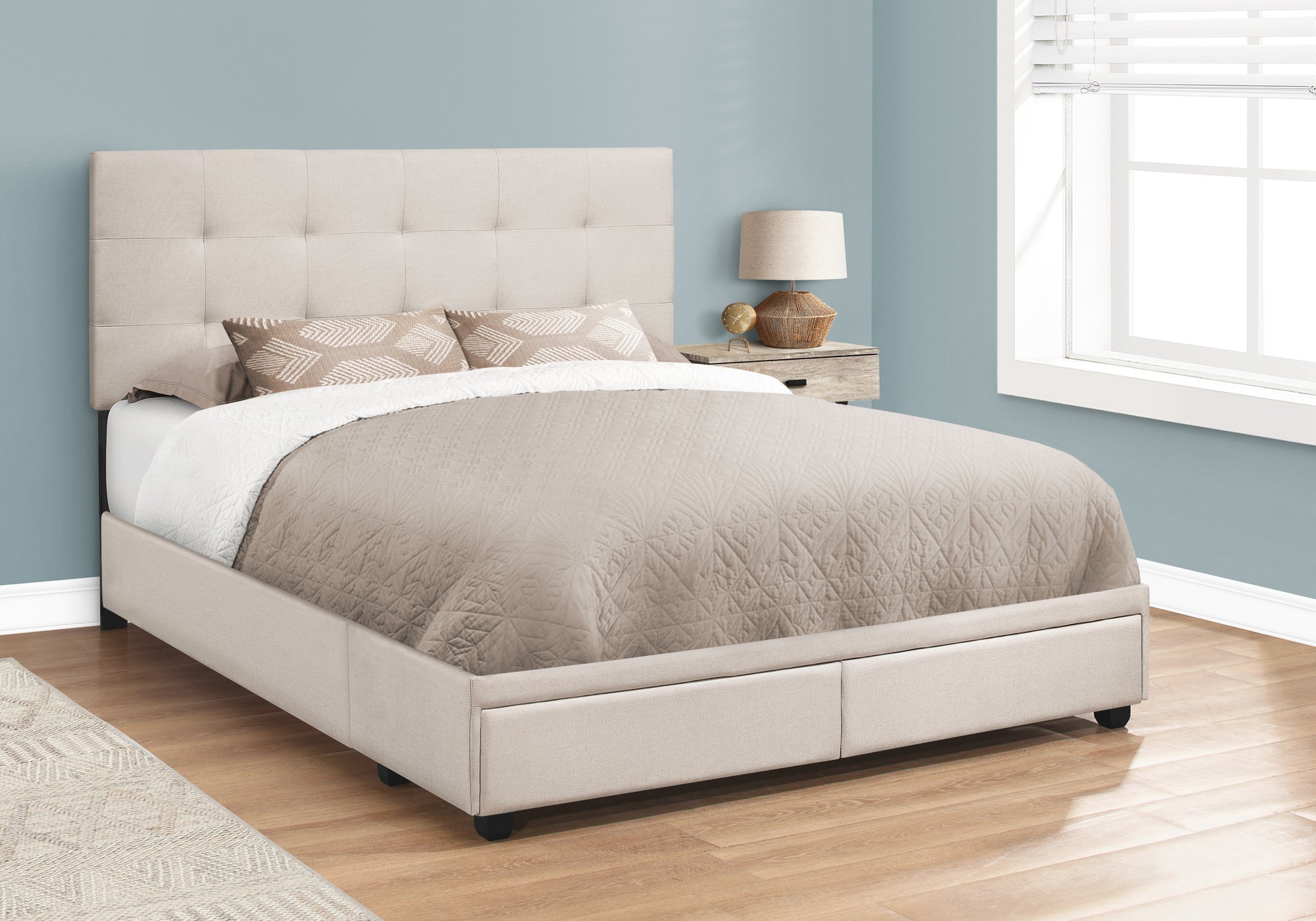 Queen Size Beige Linen Bed Frame with 2 Storage Drawers - Modern Platform Bed for Small Space Bedroom, Guest Room & Dorm Organization