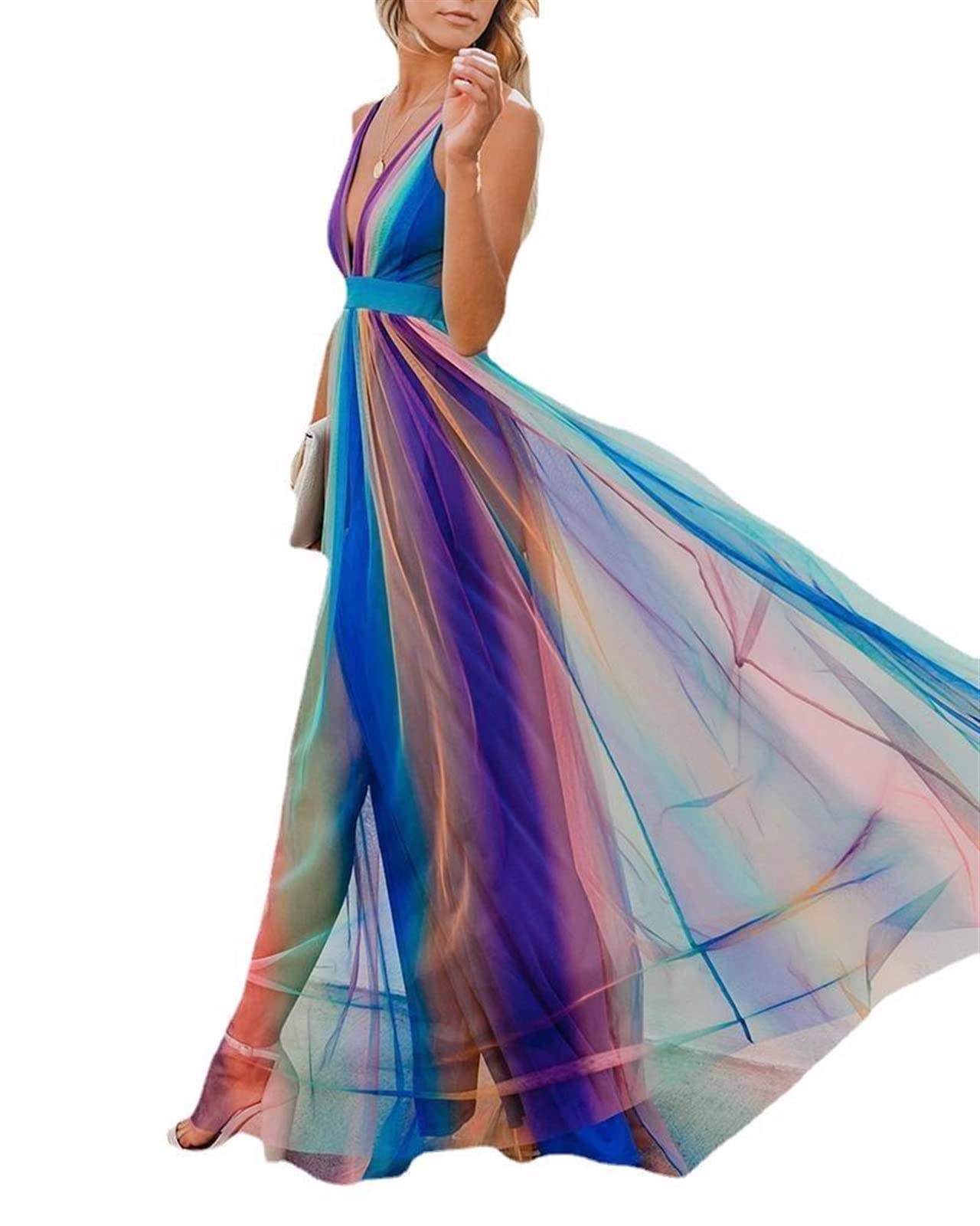 Sexy Deep V Rainbow Chiffon Sling Maxi Dress for Women - Summer Beach Party, Vacation, Date Night & Evening Outfits