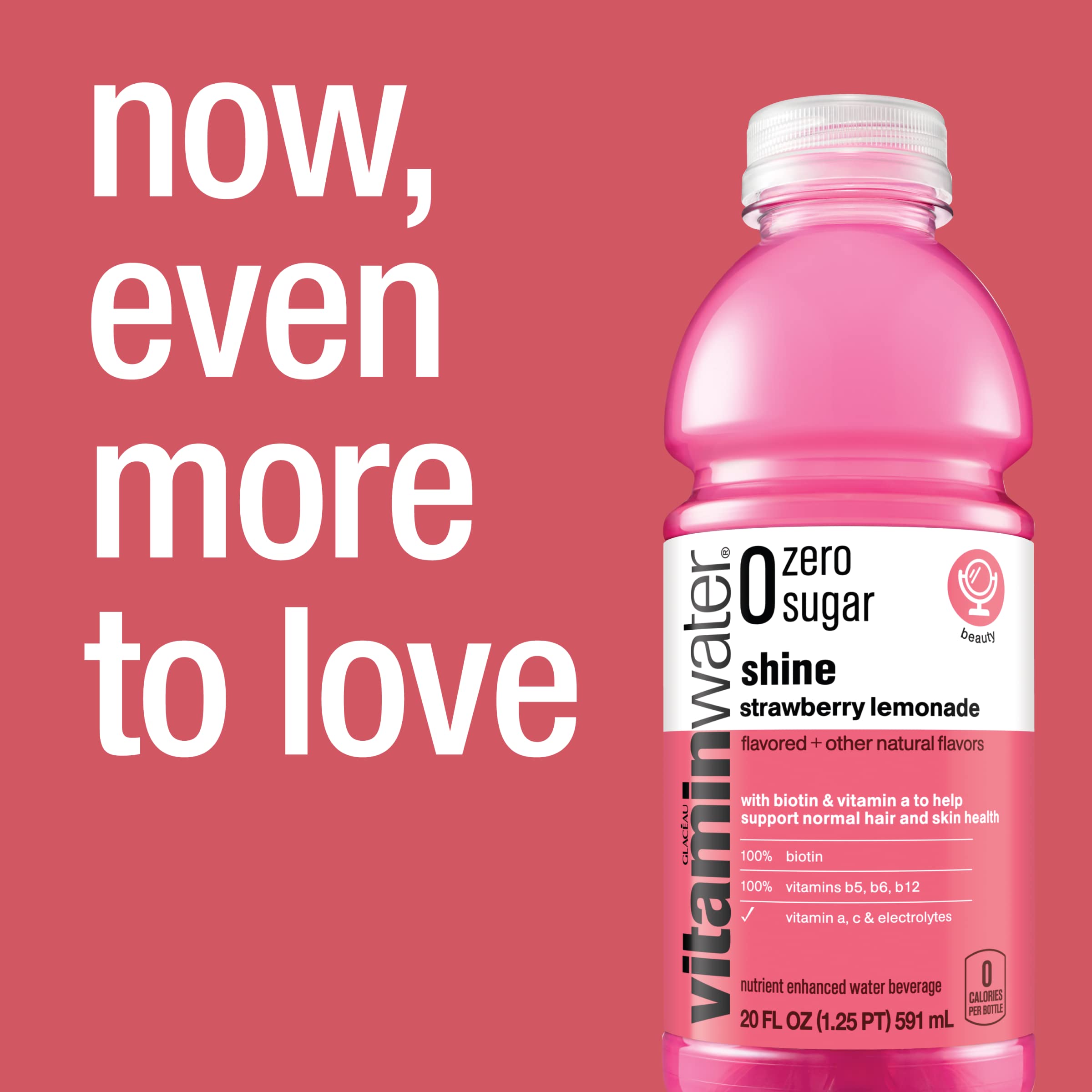 VitaminWater Zero Sugar Shine - Electrolyte Enhanced Water with Vitamins, Strawberry Lemonade Flavor, 20 fl oz (12 Pack) | Hydrating & Refreshing for Workouts, Travel & Daily Hydration