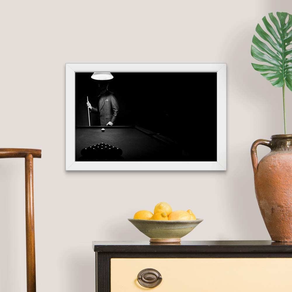 White Framed Billiards Art Print - Stylish Pool Player Mystery Scene - Perfect for Game Room, Man Cave & Sports Bar Decor