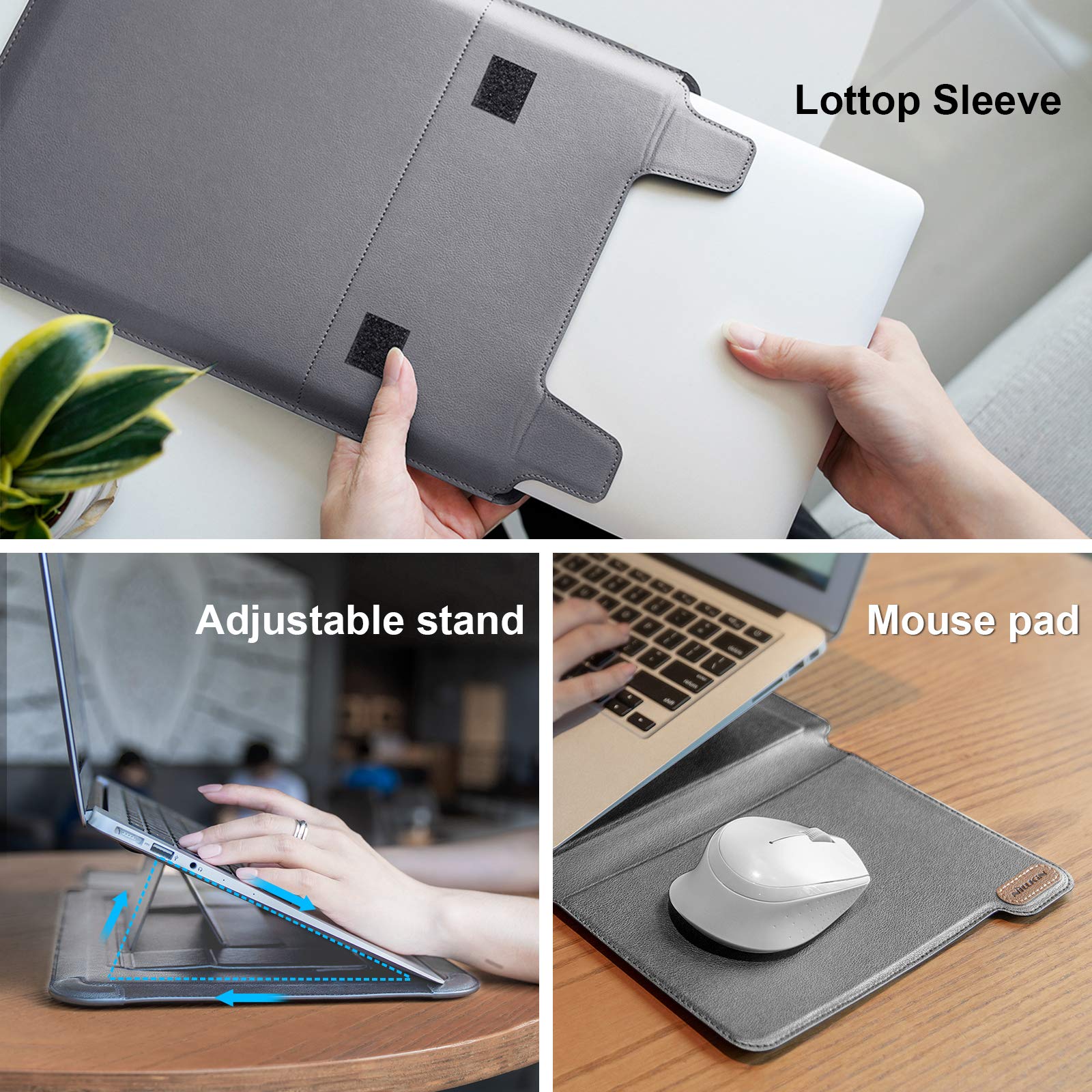 Nillkin 15.6 Inch Laptop Sleeve for MacBook Air M4/Pro 16, HP, Dell, Asus - Protective Case with Built-in Stand & Mouse Pad, 2 Adjustable Angles, Slim Design - Perfect for Work, Travel & School (Gray)