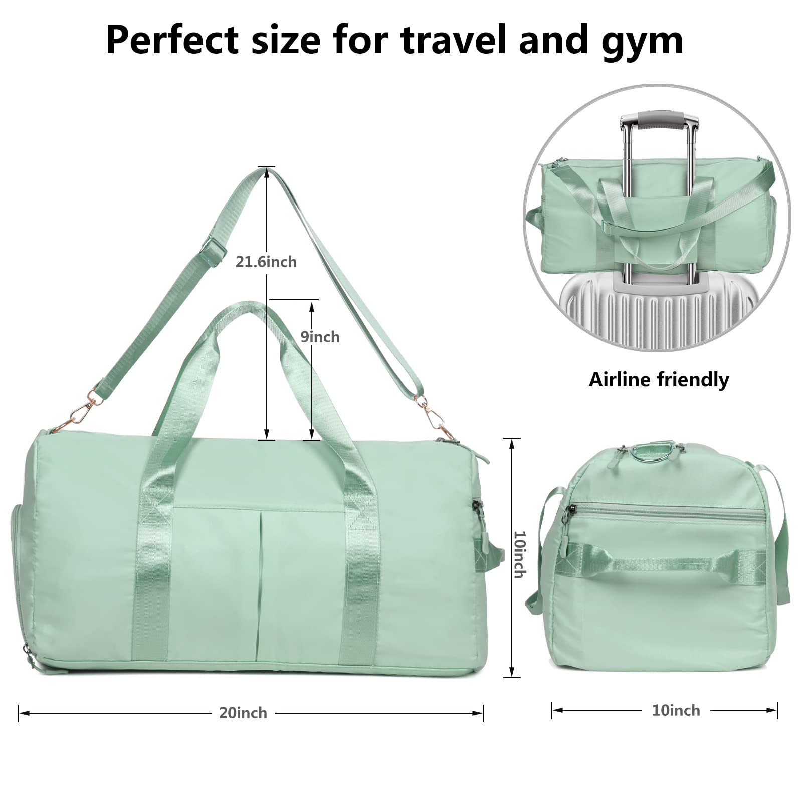 Waterproof Gym Duffle Bag for Women - Lightweight Travel Duffel Carry On Shoulder Bag with Shoe Compartment | Perfect for Sports, Overnight Trips, School & Camping | Medium Green Weekender Bag