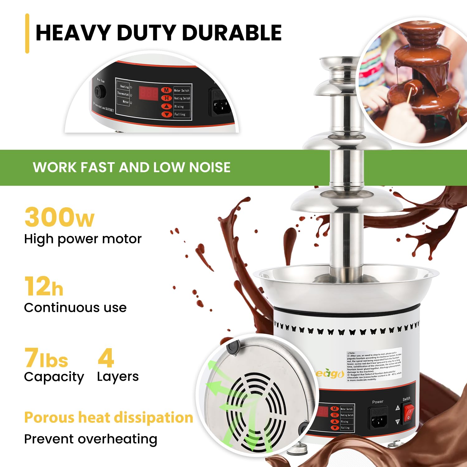 4-Tier Commercial Chocolate Fountain Machine - 7Lbs Stainless Steel Chocolate Melter with Digital Control for Fondue, Cheese, BBQ & Ranch Sauce | Perfect for Weddings, Catering & Dessert Buffets