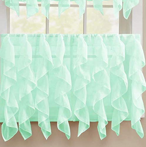 Sheer Voile Vertical Ruffle Window Curtains for Kitchen - Mint Green Tier Pair (24 Inch) - Light Filtering Cafe Drapes for French Doors, Breakfast Nook & Cozy Home Decor