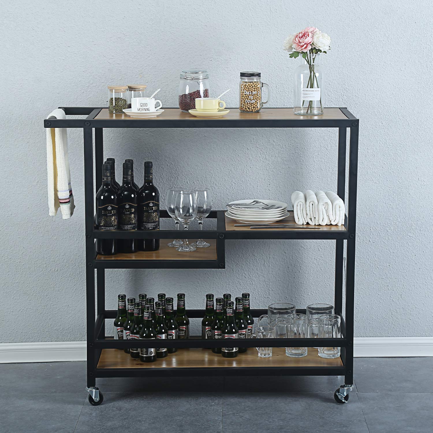 3-Tier Rolling Bar Cart with Wheels - Industrial Modern Rustic Wood & Metal Kitchen Serving Cart for Coffee, Wine & Storage - Black | Perfect for Home Bars, Dining Rooms & Entertaining Spaces