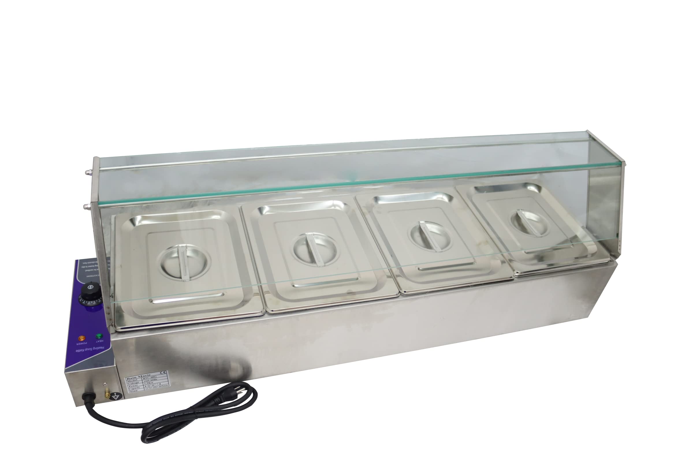 INTSUPERMAI Commercial 6-Inch Deep Food Warmer - Countertop Bain Marie with Glass Shield (4 Pot, 110V) for Soup, Buffet & Canteen | Perfect for Restaurants, Catering & Steam Table Service