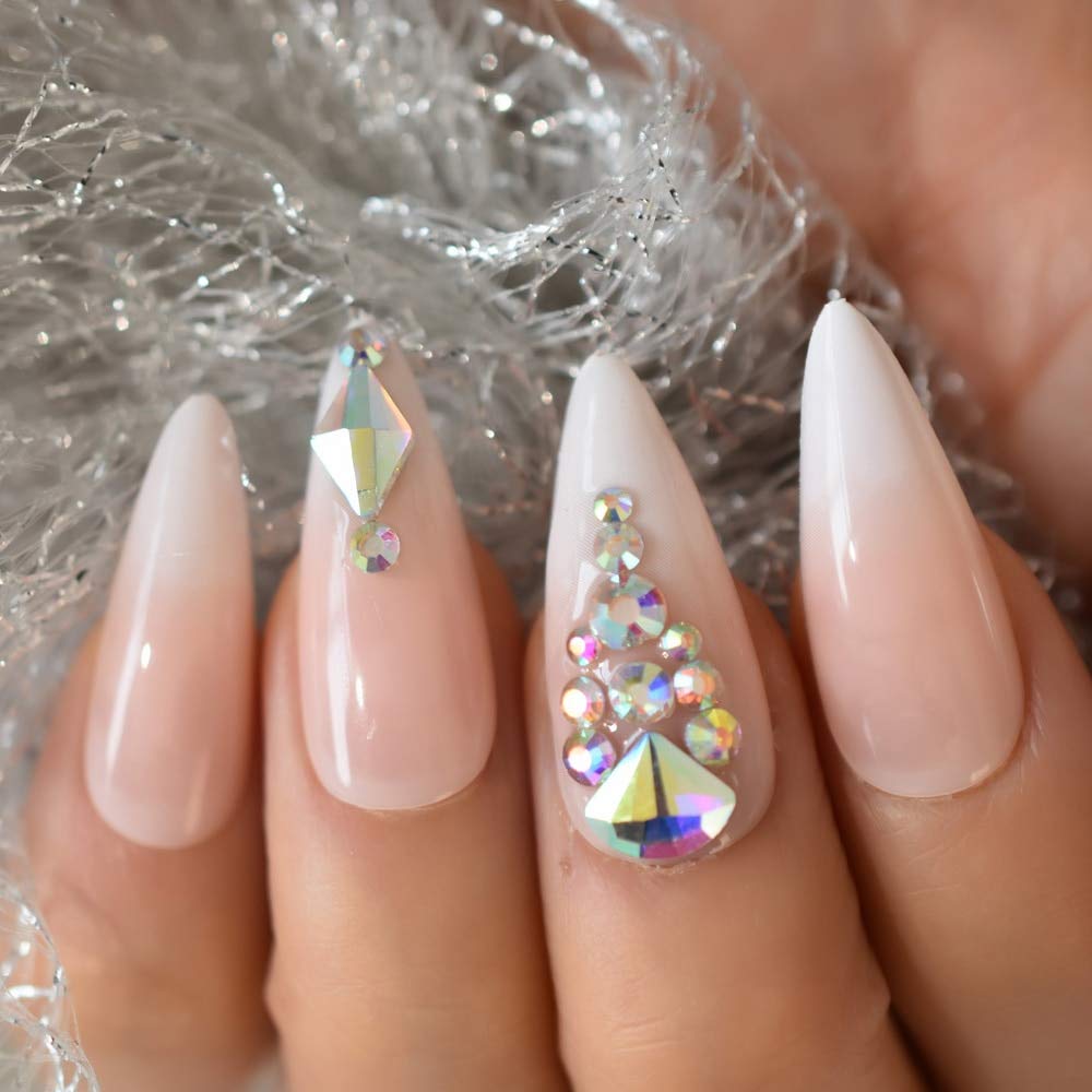 EchiQ Ombre Stiletto Nails - Pink White Gradient Fake Nails with 3D Diamond Rhinestones | Long Luxury False Nails for Parties, Weddings & Special Occasions