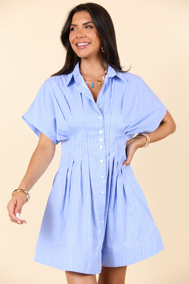 Meet Me In Athens Blue Stripe Cinched Waist Mini Dress - Women's Summer Casual Party Dress for Beach Vacation & Date Night