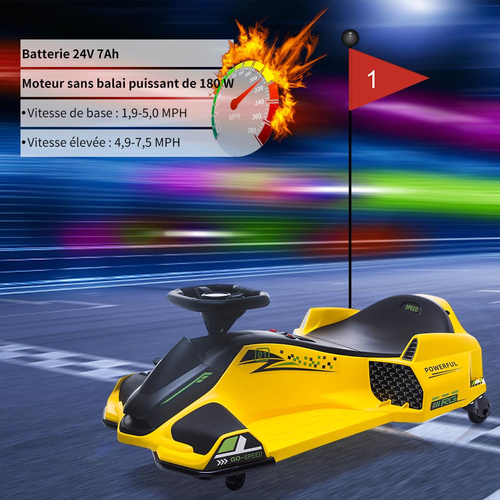 24V Kids Electric Drift Kart - Adjustable Speed, 5-Wheel Design, Built-in Music & LED Lights (Front/Rear), Low Battery Alarm - Yellow | Perfect for Outdoor Play, Backyard Racing & Birthday Gifts for Boys & Girls Ages 3-8