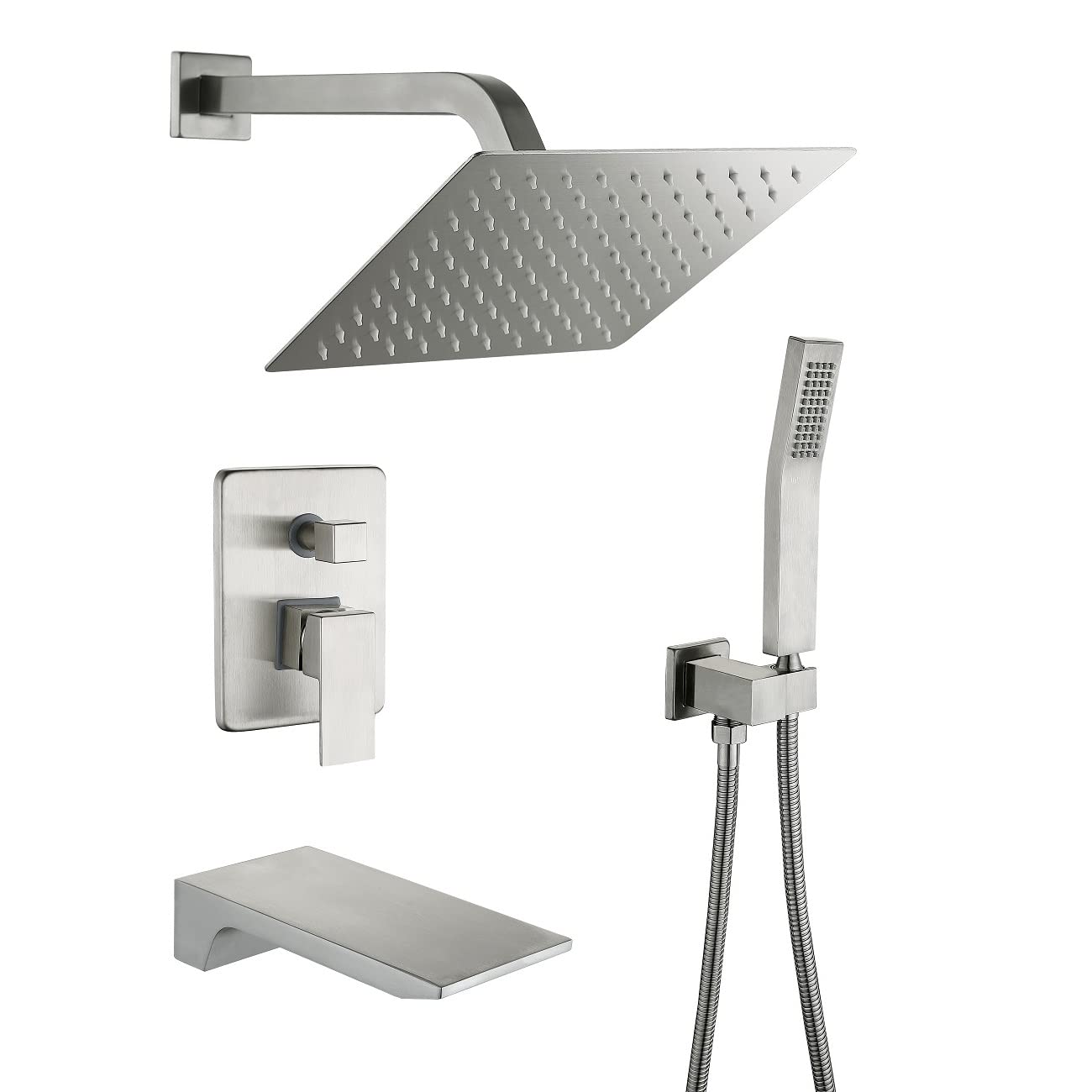 Premium Brushed Nickel Shower Faucet Set - 10 Inch Rainfall Shower Head with Handheld Spray & Waterfall Tub Spout | Bathroom Upgrade for Spa-Like Experience