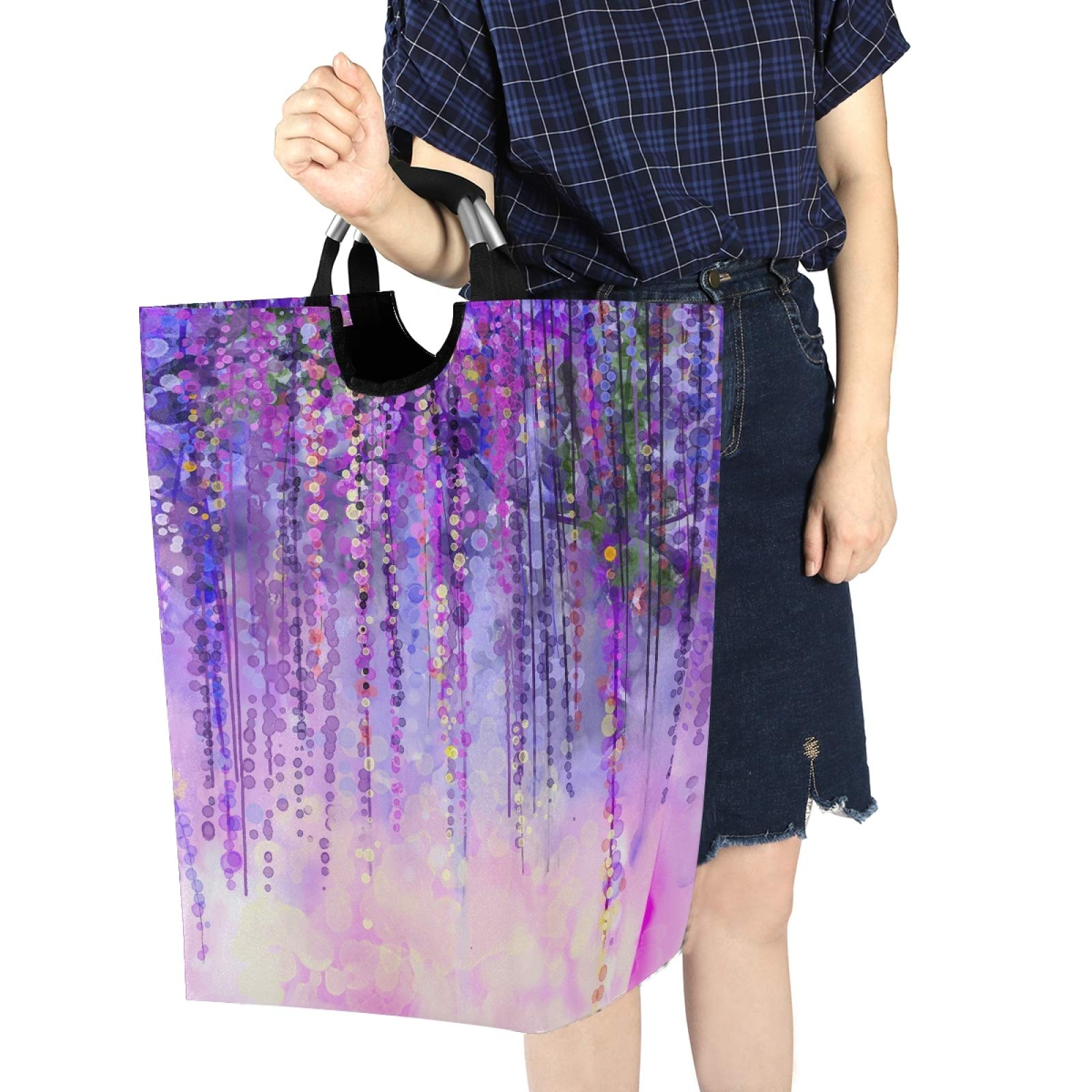 Abstract Violet Wisteria Flowers Laundry Hamper Basket - Foldable Waterproof Clothes Bin with Handles for Bathroom & Bedroom - Multi-Purpose Storage for Dirty Laundry, Toys & Household Items - Perfect for Home Organization & Space Saving