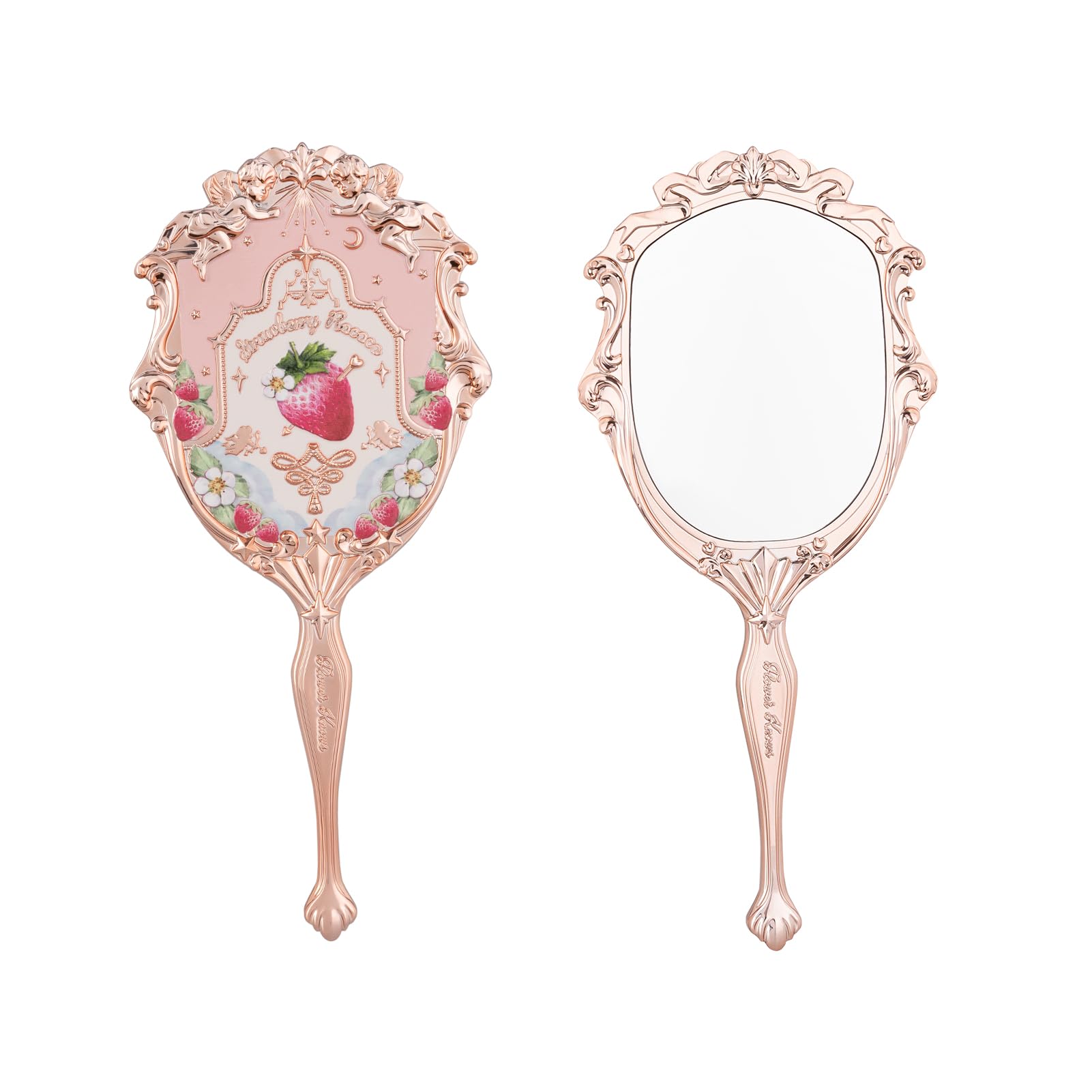 Flower Knows Strawberry Rococo Hand Mirror - Vintage Portable Metal Makeup Mirror with Long Handle, Cute Aesthetic Princess Style Gift for Women & Girls (Soft Pink) | Perfect for Vanity, Travel, Bridal & Home Decor