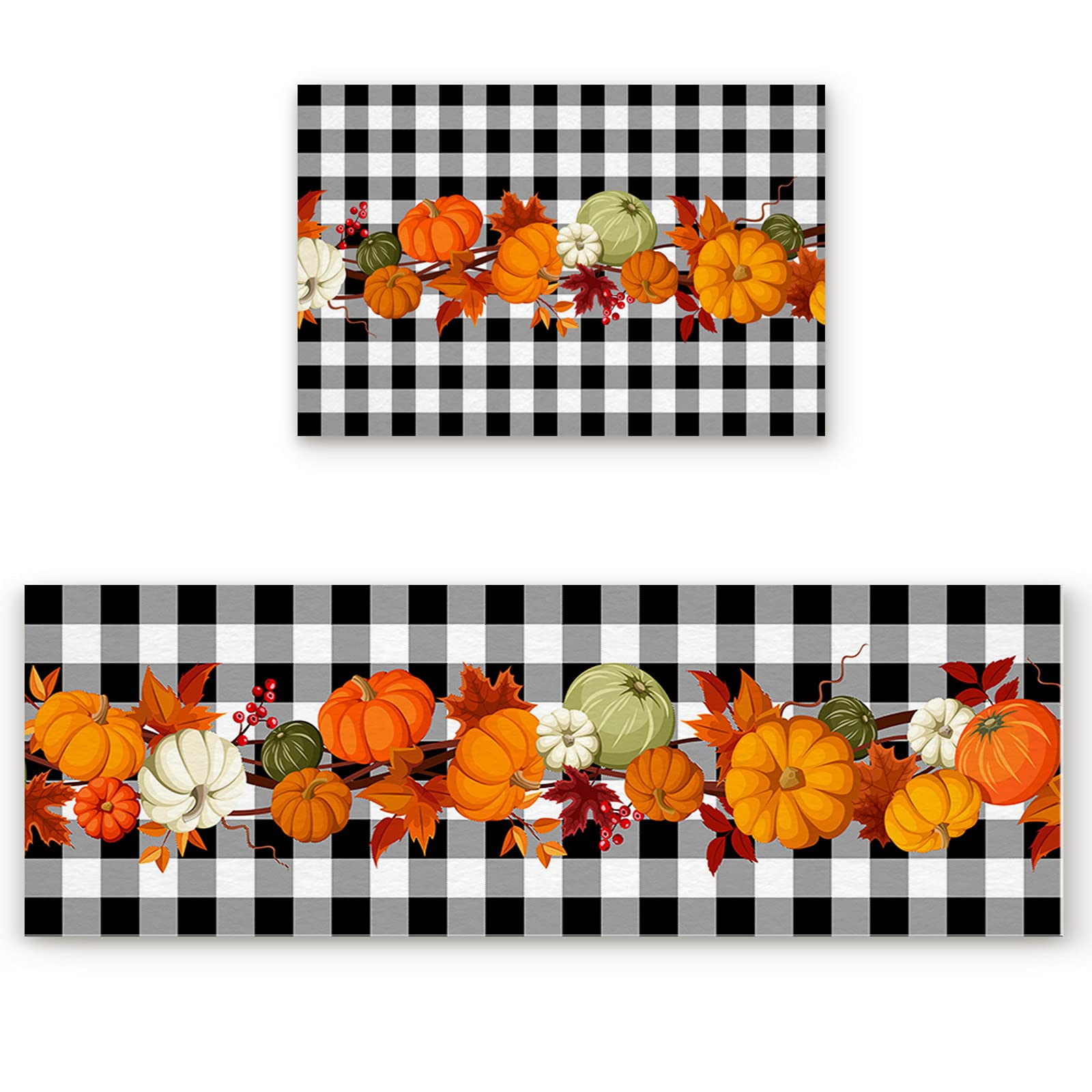 Non-Slip Kitchen Rug Pad Set - 2 Piece Cushioned Doormat with Thanksgiving Pumpkin & Maple Leaves Design on Buffalo Plaid Black White Floor Mat - Perfect for Kitchen, Living Room, Bedroom, and Entryway Decor