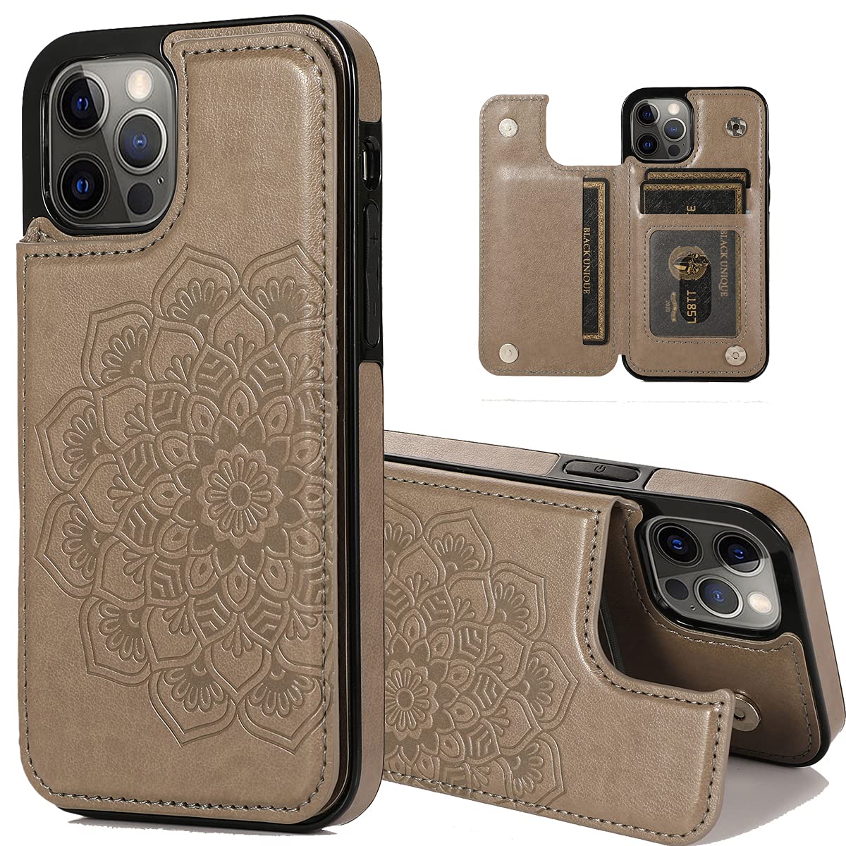 Premium PU Leather Mandala Flower Embossed Wallet Case for iPhone 12 Pro Max - Magnetic Flip Cover with Card Holder & Shockproof Protection (SKM Gray) - Perfect for Daily Use, Travel & Business Meetings