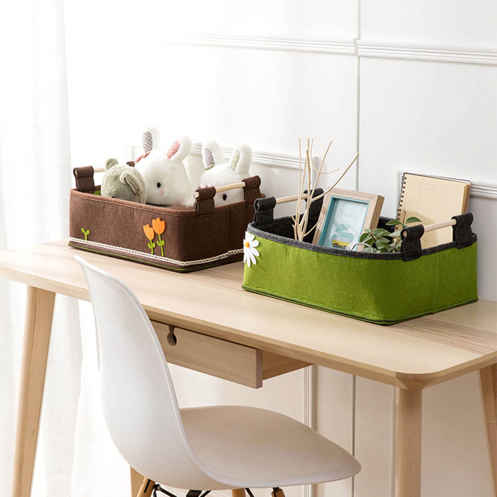 Yanvan Portable Felt Storage Basket with Wooden Handle - Desktop Rectangular Fabric Organizer for Snacks, Office Supplies & Crafts | Green Home Decor Storage Box