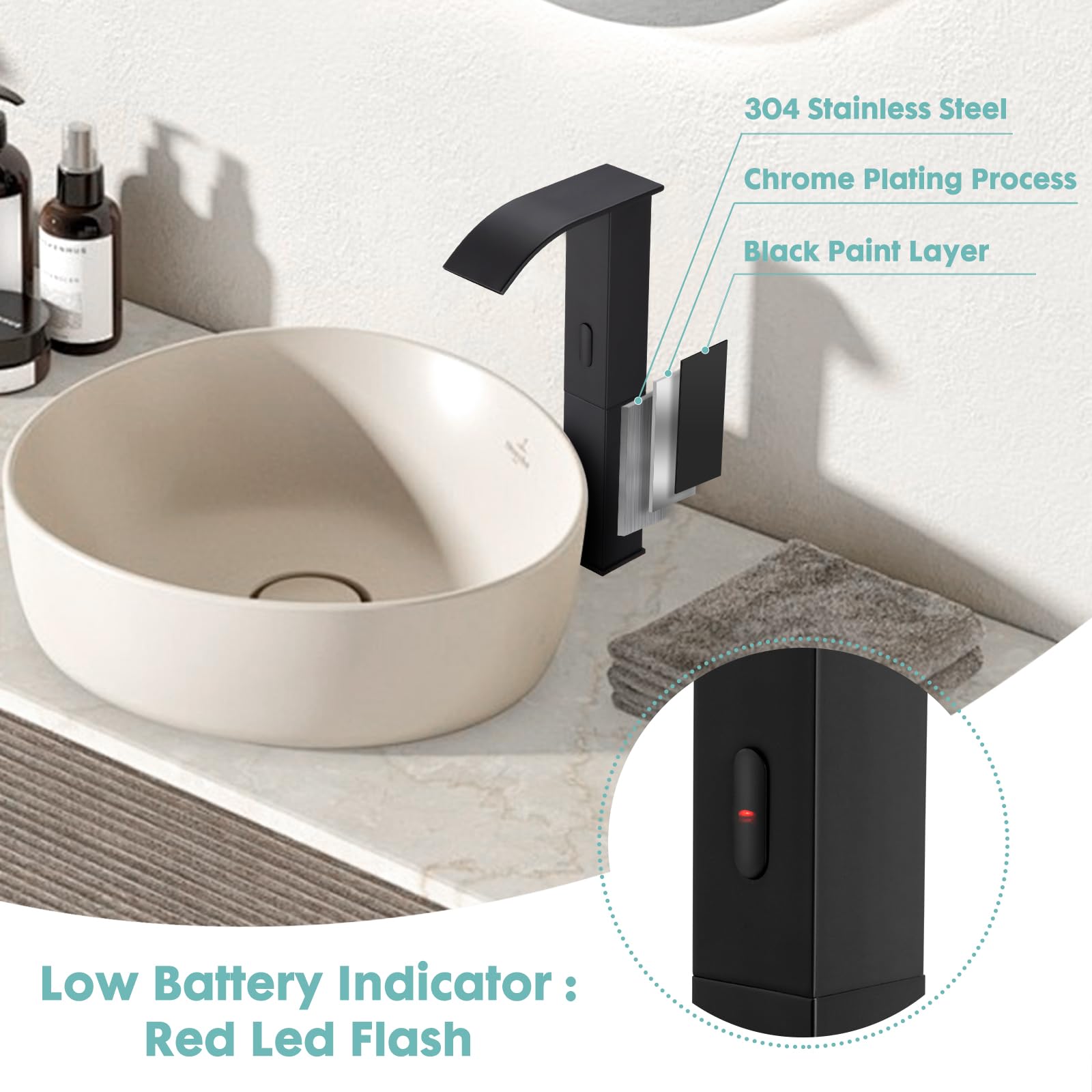 **Touchless Bathroom Sink Faucet - 1 Hole Hands-Free Automatic Motion Sensor Faucet with Tall Spout, Black Waterfall Design for Modern Bathrooms - Perfect for Hygienic Hand Washing in Homes, Offices, and Public Restrooms**