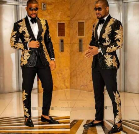 Premium Navy 2-Piece Slim Fit Men's Suit Set - Shiny Beaded Gold Embroidery Tuxedo Jacket & Pants | Business Blazer & Formal Groom Wear (Size 48/42) | Perfect for Weddings, Prom, Business Meetings & Special Occasions