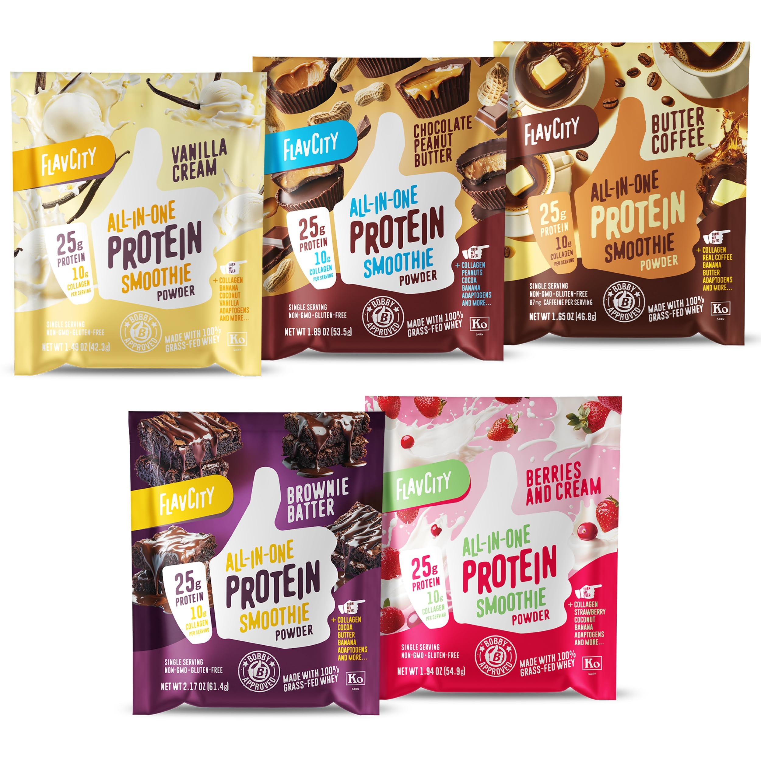 FlavCity All-in-One Protein Smoothie Powder Variety Pack (5 Single Serve Packets) - 100% Grass-Fed Whey Protein with 25g Protein & 10g Collagen - Gluten-Free Pre & Post Workout Drink - Perfect for Gym Recovery, Weight Loss & Healthy Breakfast Smoothies