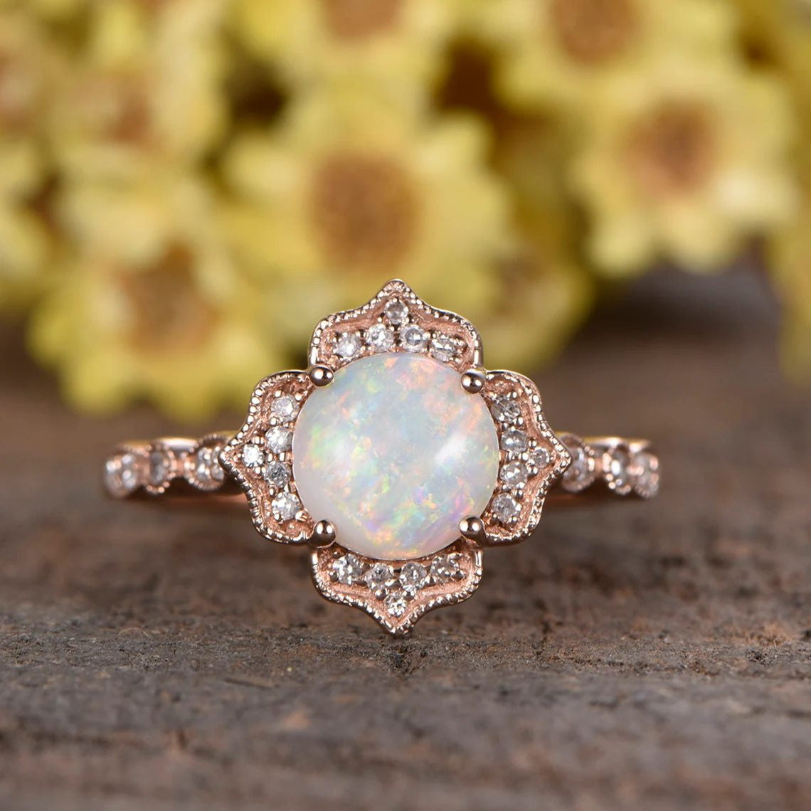 Vintage 1.2CT White Fire Opal Engagement Ring with Diamond Halo in Rose Gold - Perfect for Proposals, Anniversaries & Special Occasions
