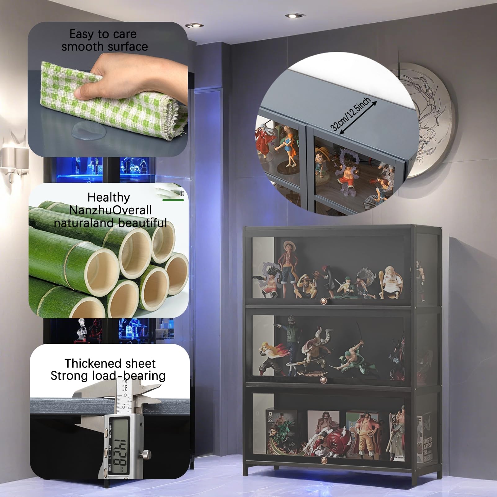 Acrylic Glass Door Display Cabinet - 3-Tier Storage Shelf for Collectibles, Toys & Home Decor | Perfect for Playroom, Bedroom & Retail Store (Gray)