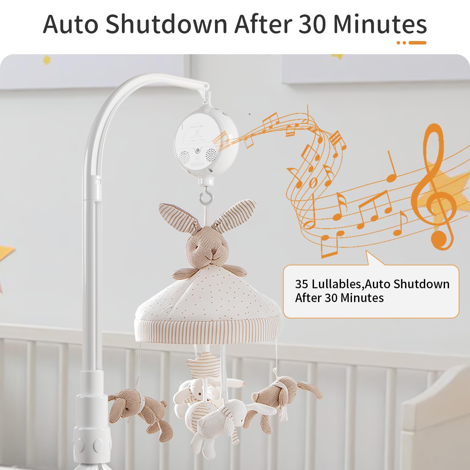 FEISIKE Baby Crib Mobile with Music Box - 23 Inch Adjustable Arm, Volume Control & 3 Play Modes (Rotation+Music/Rotation Only/Music Only) - 35 Soothing Lullabies, 30 Min Auto-Off - Perfect Nursery Decor for Newborns & Infants - Ideal for Bedtime, Naptime & Playtime