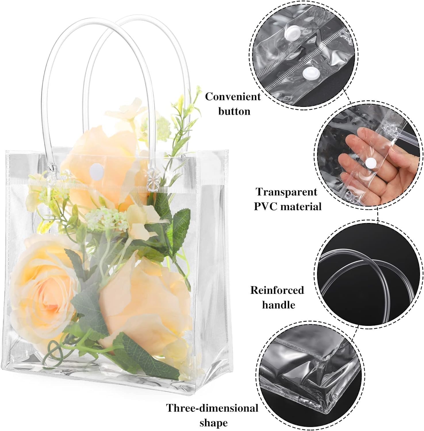6 Pack Small Clear Plastic Gift Bags with Handles - 18cm Transparent Goodie Bags for Valentine's Day, Party Favors, Wedding Favors, Birthday Treats & Retail Shopping